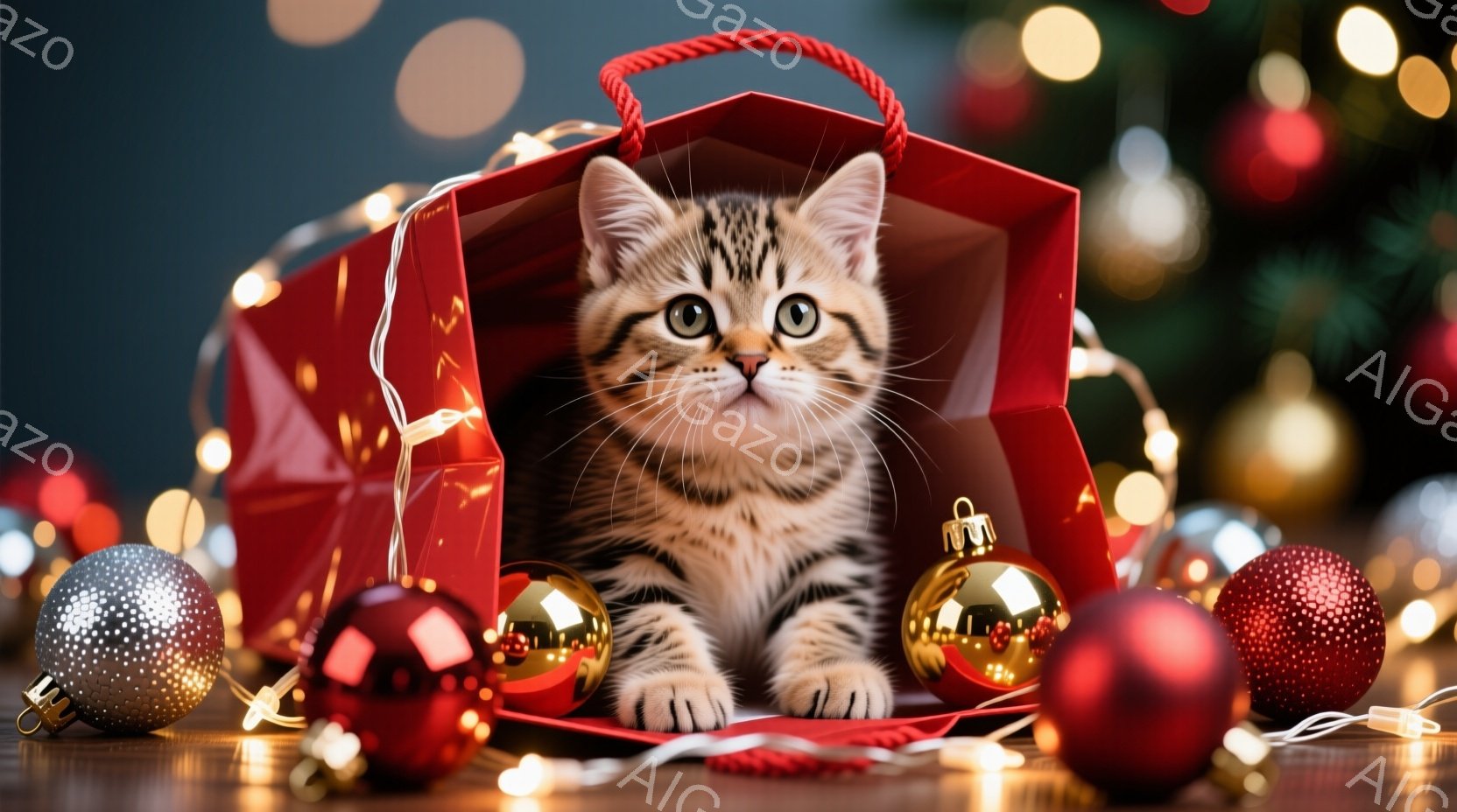 縞模様の小さな子猫が赤いギフトバッグの中に座り、前足を出してこちらを見つめている。背景にはクリスマスツリーの緑と、キラキラと輝くオーナメントや電飾が散りばめられ、暖かく華やかな雰囲気を醸し出している。木製の床に反射する光が、全体に柔らかな光を添えている。