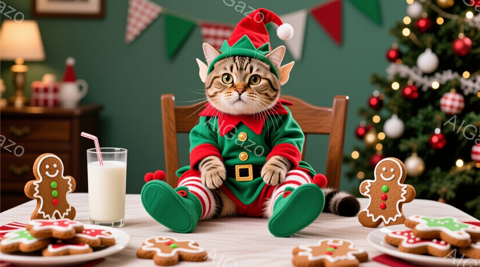 緑色のエルフの衣装を着た猫が、ダイニングテーブルに座って正面を見つめています。テーブルの上にはジンジャーブレッドマンのクッキーと牛乳が置かれ、背景にはクリスマスツリーと装飾がぼやけて見えます。暖かく、 - AI生成フリー素材