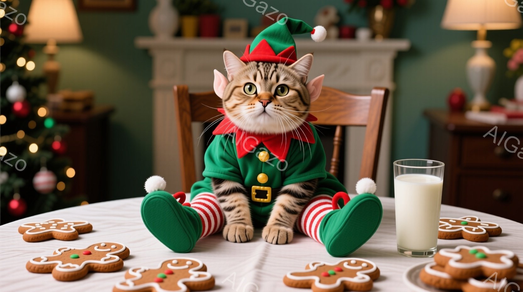 茶色の縞模様の猫が、緑色のエルフの衣装を着てテーブルに座っています。猫は赤いスカーフを首に巻き、前足で座って、少しいたずらっぽい表情をしています。背景には、クリスマスツリーや家具が見え、温かく、お祝い - AI生成フリー素材