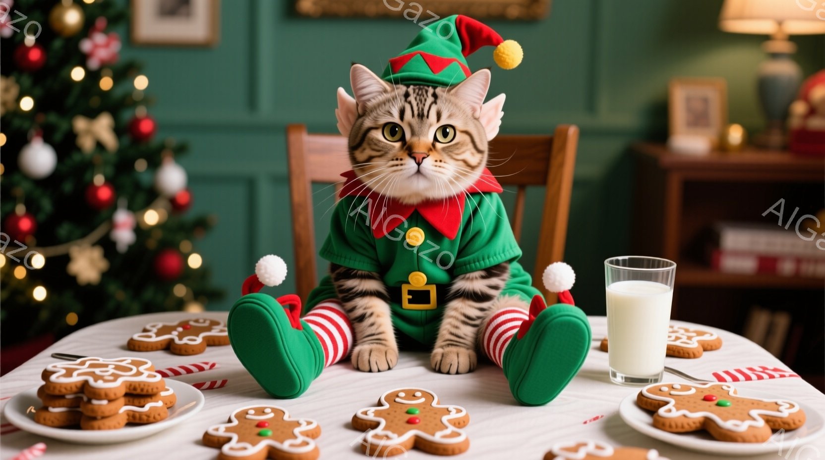 縞模様の猫が、クリスマスのエルフの衣装を着て、白いテーブルの上に座っています。猫は、赤い襟と帽子、緑色の服と靴下を身につけ、少し驚いたような表情をしています。背景には、クリスマスツリーと温かい光があり - AI生成フリー素材