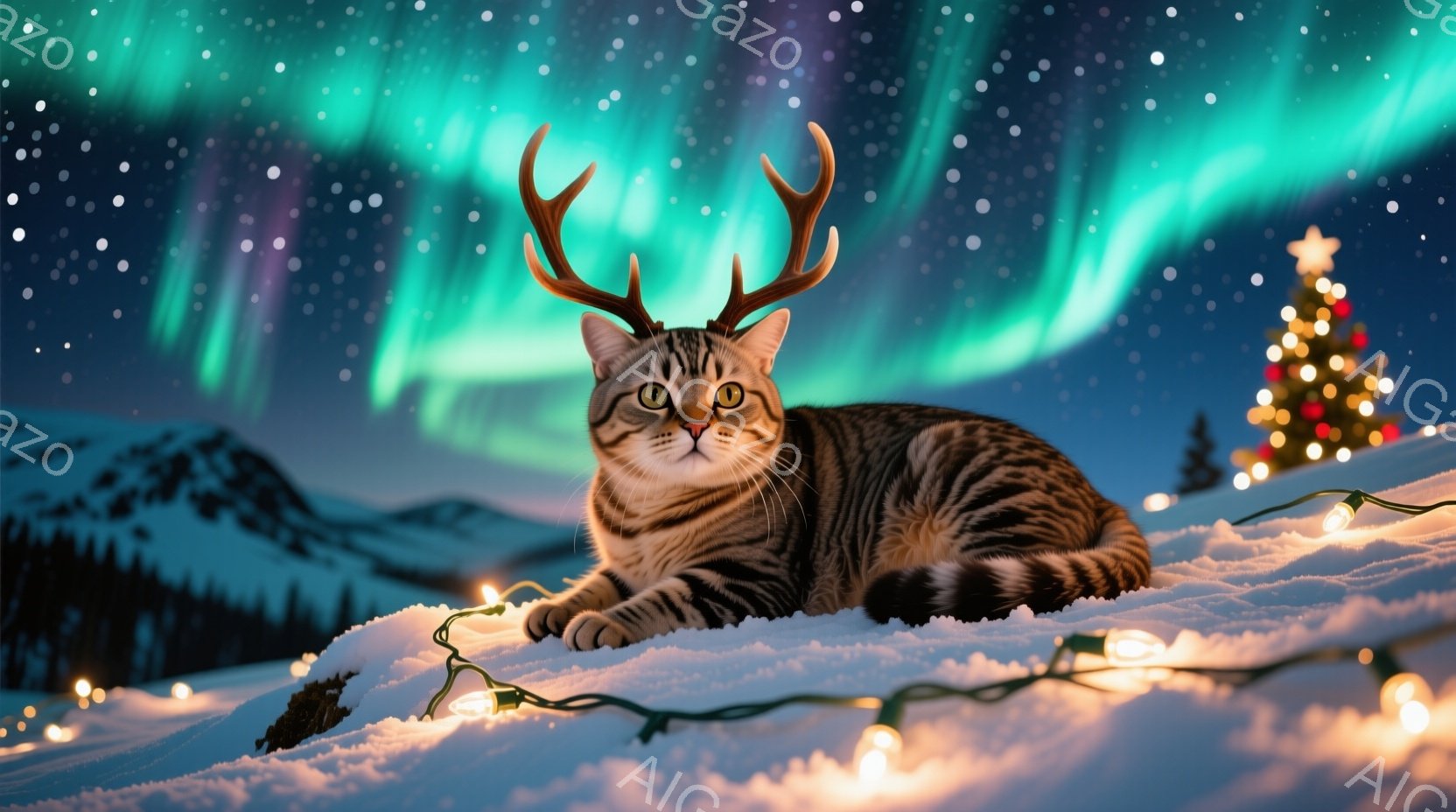 雪景色の中に、縞模様の猫が堂々と座っており、頭には角が生えています。周囲にはクリスマスツリーの明かりが輝き、背景には山のシルエットとオーロラのような幻想的な光が広がっています。全体的に冬の暖かく、遊び - AI生成フリー素材