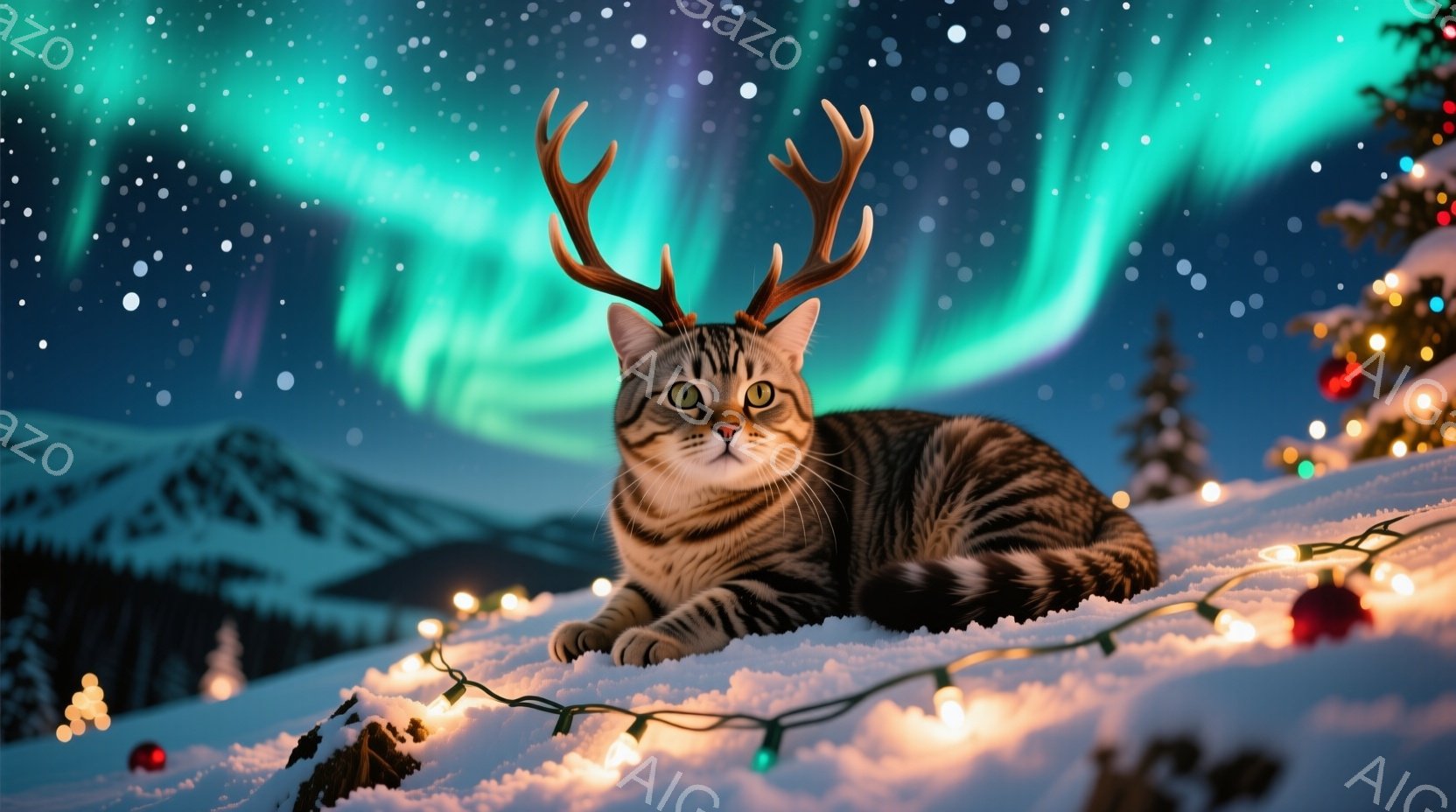 縞模様の猫が雪の上に横たわり、頭には角が生えている。背景には雪山とオーロラ、そしてカラフルなイルミネーションが輝き、冬の幻想的な雰囲気を醸し出している。猫はリラックスした表情で、穏やかで平和な冬の景色 - AI生成フリー素材