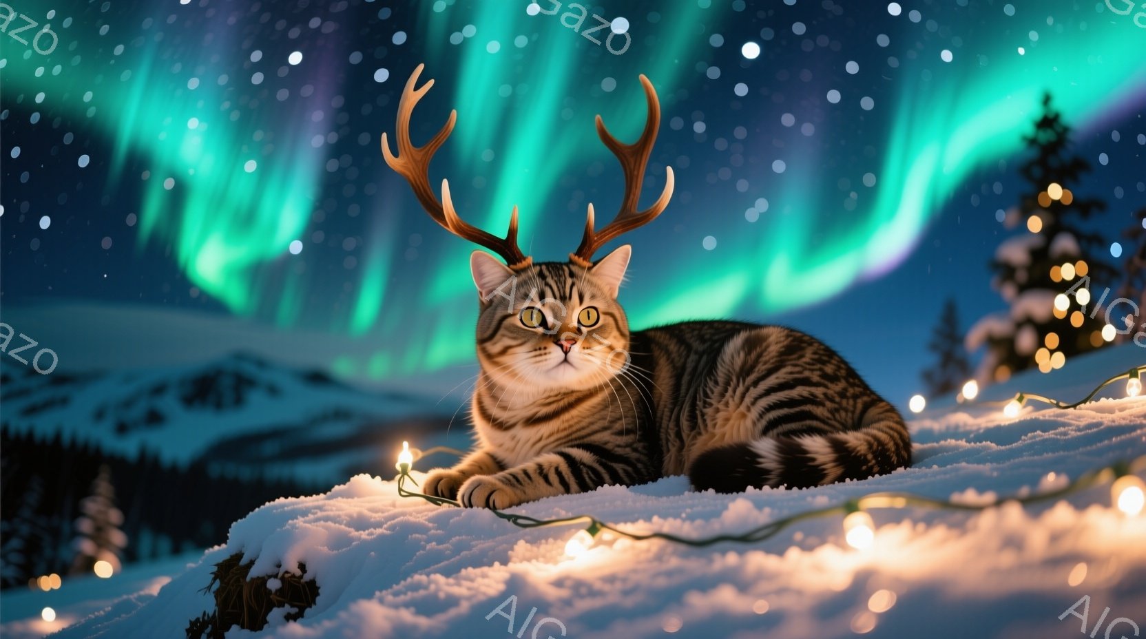茶色の縞模様の猫が雪の上に横たわっており、頭には鹿のような角が生えています。背景には緑と紫のオーロラが広がり、雪原にはキラキラと輝く電飾が飾られています。夜の雪景色と猫のユニークな姿が、幻想的で温かい雰囲気を醸し出しています。