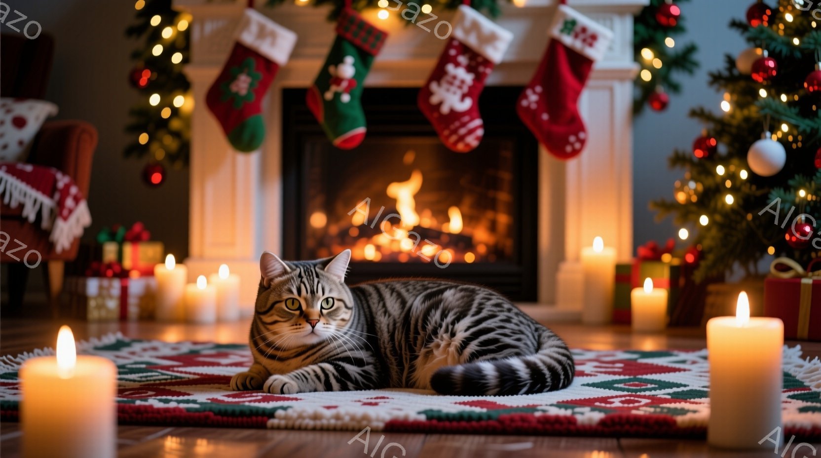暖炉の前に敷かれた赤い絨毯の上で、縞模様の猫がゆったりと横たわっています。背景にはクリスマスツリーやプレゼント、暖炉からの炎、そして点けられたキャンドルが暖かく優しい雰囲気を演出しています。全体的に、 - AI生成フリー素材