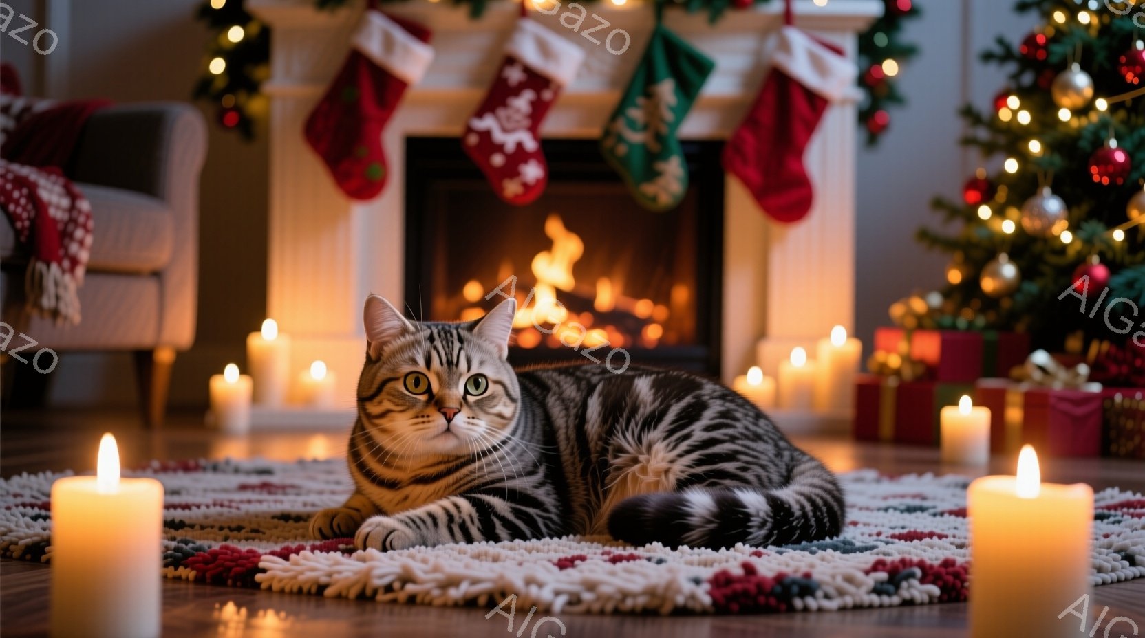 暖炉の前で縞模様の猫がリラックスして横たわっています。周りにはキャンドルが灯り、クリスマスツリーとプレゼントが飾られた暖かい室内です。全体的に、クリスマスの穏やかで心地よい雰囲気が漂っています。