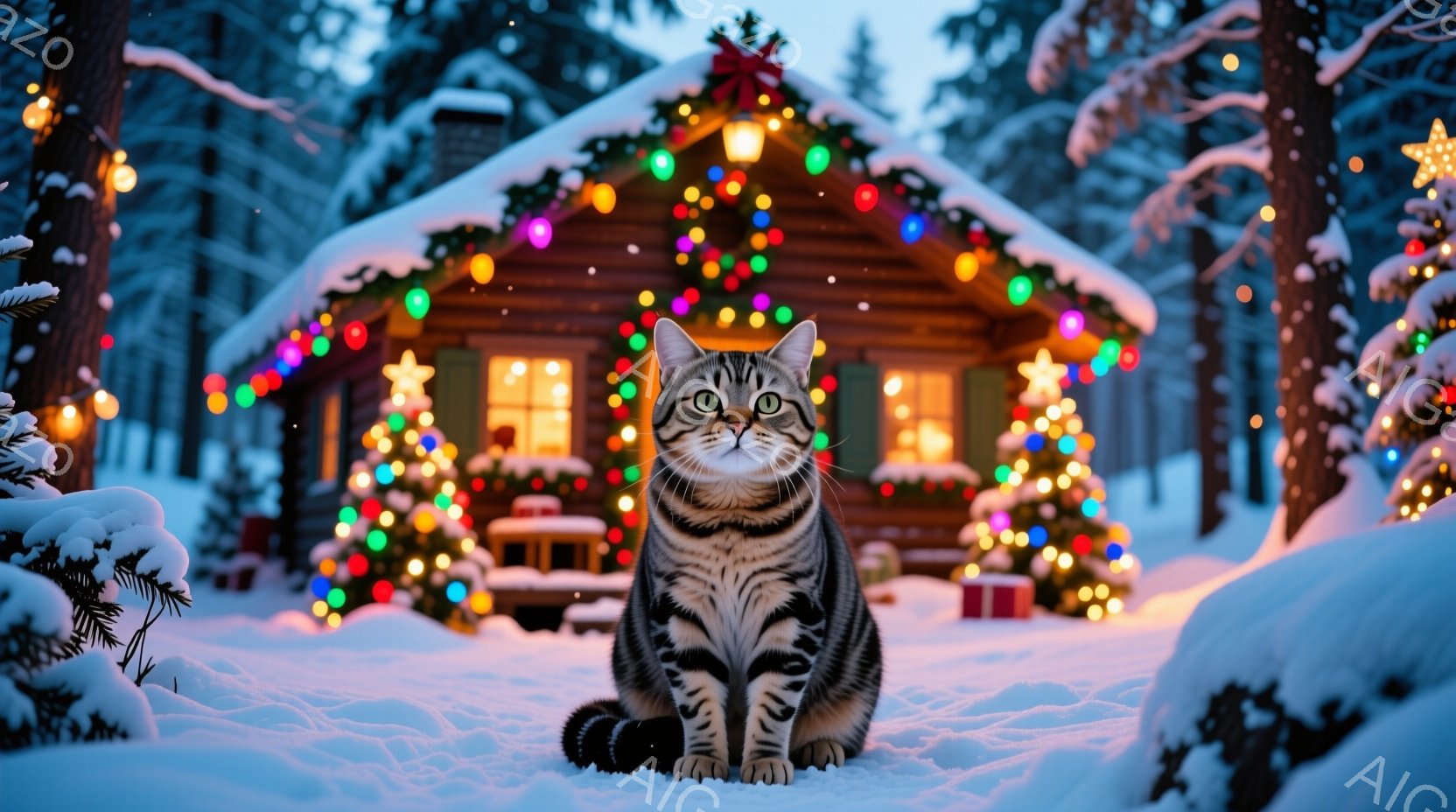 雪景色の中に座る縞模様の猫が写っています。猫は正面を見ており、落ち着いた表情をしています。背景には、クリスマスライトで飾られた可愛らしい丸太小屋があり、雪が降り積もる冬の暖かく幻想的な雰囲気を醸し出し - AI生成フリー素材