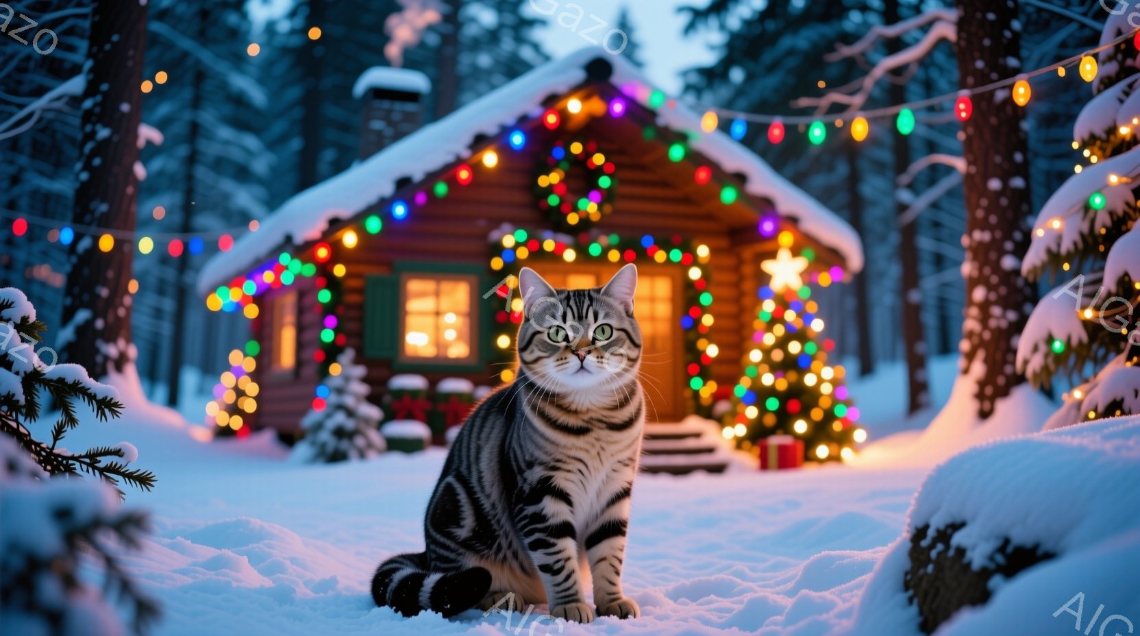 白い雪景色の中に、縞模様の猫が座ってこちらを見ています。背景には、カラフルな電飾で飾られた可愛らしい丸太小屋があり、暖かく穏やかなクリスマスの雰囲気が漂っています。雪が降り積もり、丸太小屋と猫を優しく - AI生成フリー素材