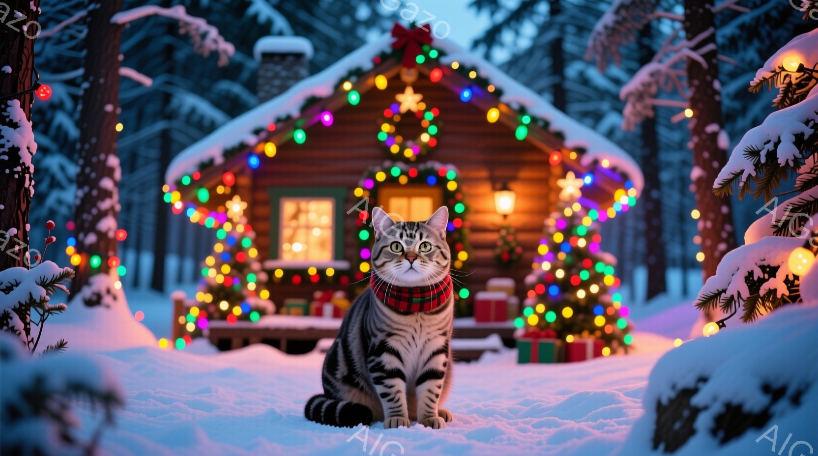縞模様の猫が雪の上に座り、赤い首輪をつけて正面を見ています。背景には、クリスマスツリーのような装飾が施されたログハウスがあり、カラフルな電飾とプレゼントが飾られています。雪景色と温かい光が、温かくお祝いムードに満ちた雰囲気を作り出しています。