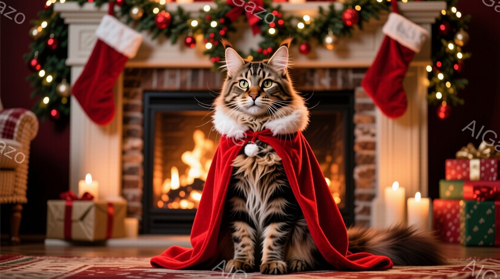 茶色の縞模様の猫が赤いマントを羽織って座っています。猫は正面を見据え、少し誇らしげな表情をしています。背景には暖炉があり、クリスマスオーナメントやプレゼントが置かれ、暖かい祝祭の雰囲気を醸し出していま - AI生成フリー素材