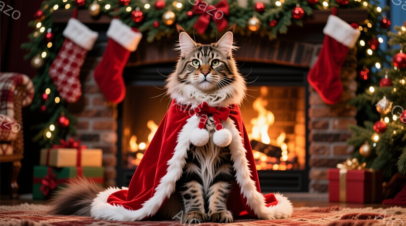白と茶色の縞模様の猫が赤いサンタのケープを羽織り、暖炉の前で座っています。猫は緑色の目を持ち、リラックスした表情でカメラを見ています。背景には、クリスマスツリー、プレゼント、そして暖炉の炎が見え、全体 - AI生成フリー素材