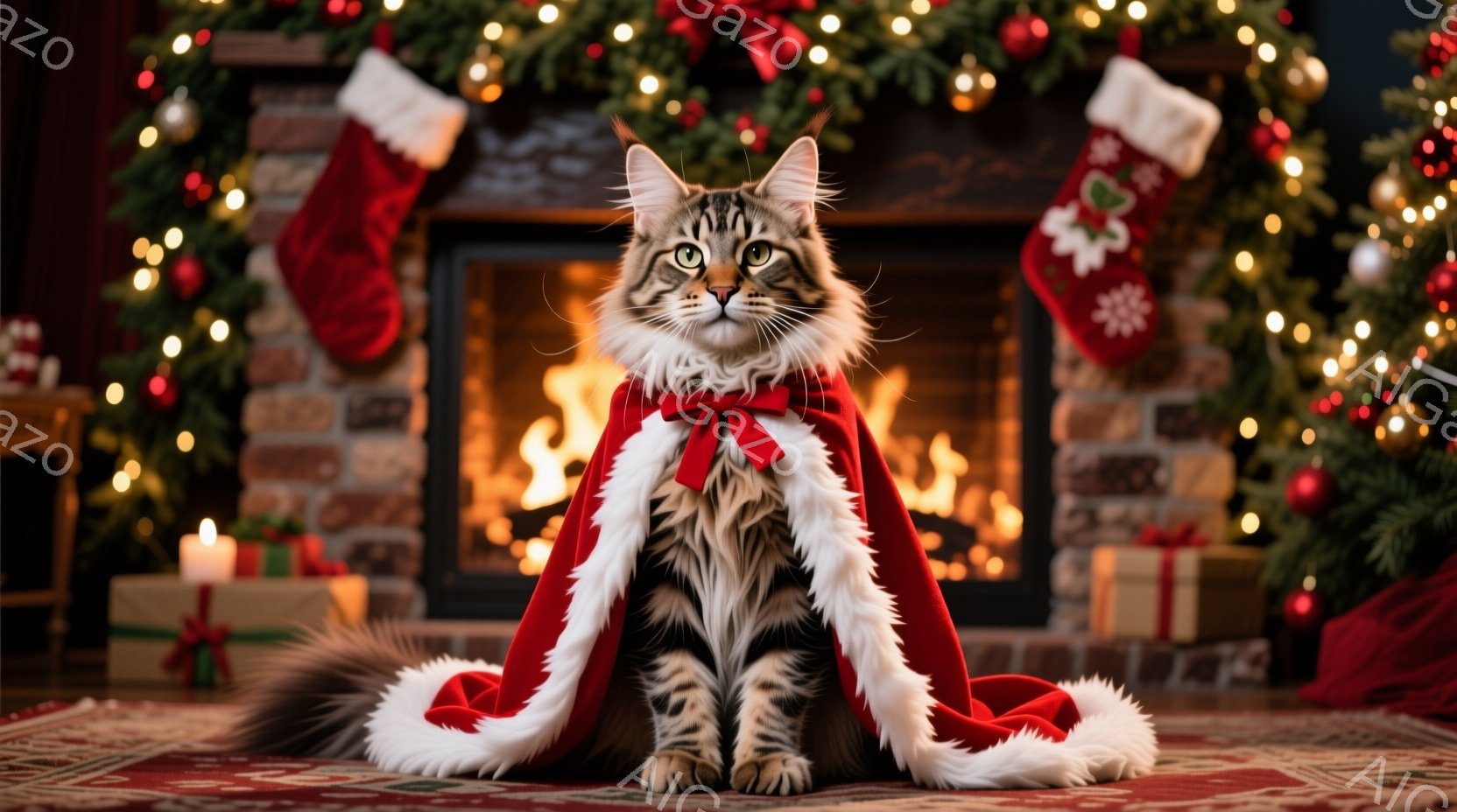 縞模様の大きな猫が、白い縁取りの赤いケープを羽織って正面を向いて座っています。背景には、クリスマスツリー、暖炉、プレゼント、クリスマスストッキングがあり、温かくお祝いの雰囲気が漂っています。猫は自信に - AI生成フリー素材
