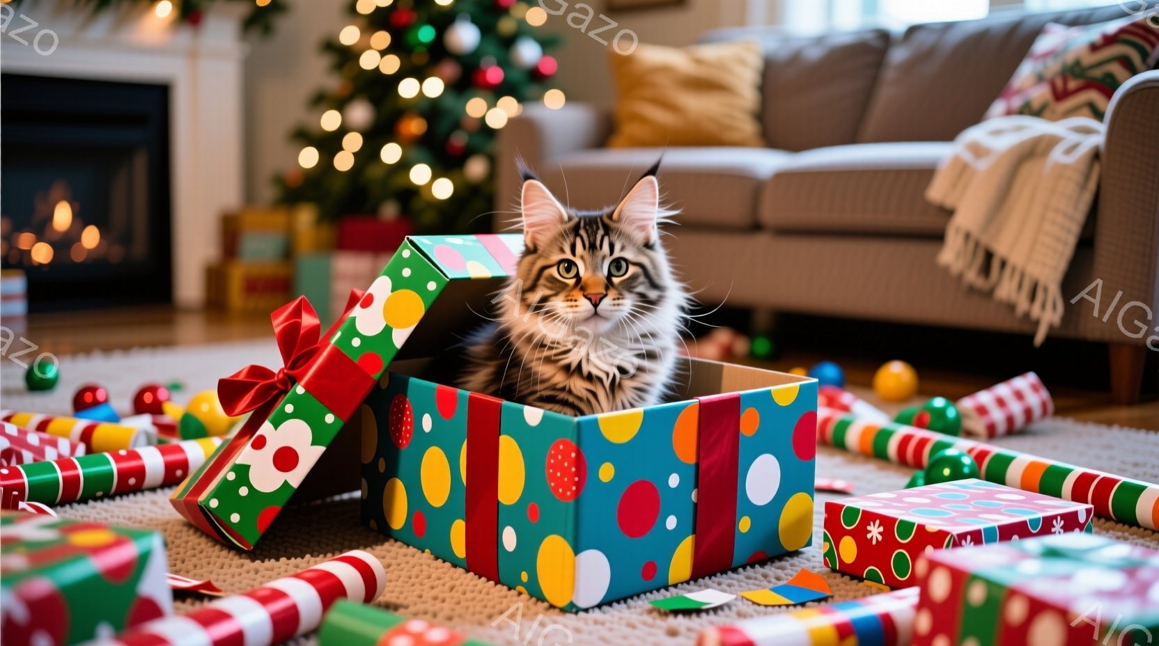 縞模様の小さな子猫が、カラフルなラッピングペーパーで作られたギフトボックスの中に座っています。背景にはクリスマスツリーの光と、散らばったプレゼントの包装紙が見え、暖かく、お祝いムードが漂っています。子 - AI生成フリー素材