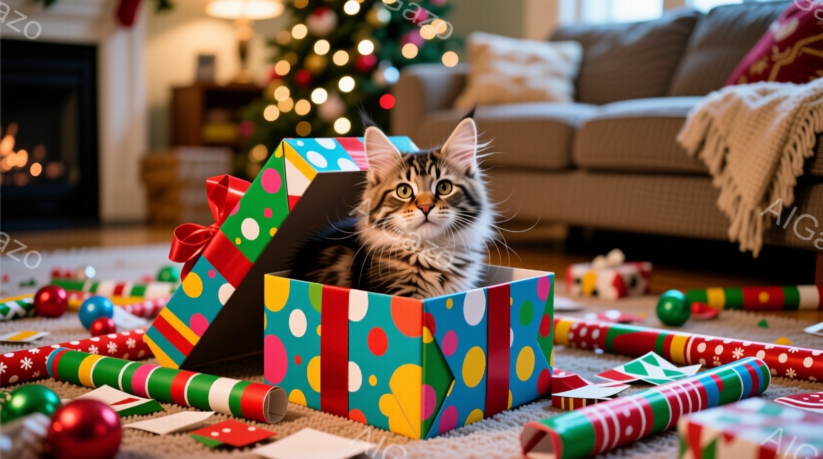 小さな縞模様の子猫が、カラフルな水玉模様のギフトボックスの中に座っています。子猫は好奇心旺盛な表情でカメラを見つめており、背景にはクリスマスツリーやプレゼントの包装紙が散らばっています。温かく、お祝い - AI生成フリー素材