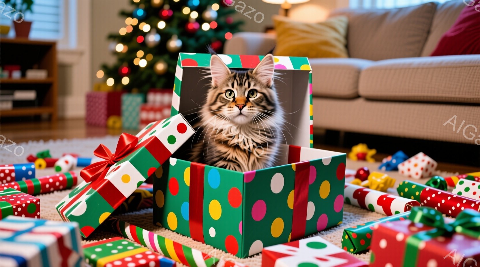 縞模様の小さな子猫が、カラフルな水玉模様のギフトボックスの中に座っています。背景にはクリスマスツリーが飾られ、床には開封されたギフトラッピングが散らばっており、お祝いの雰囲気が漂っています。子猫は好奇 - AI生成フリー素材