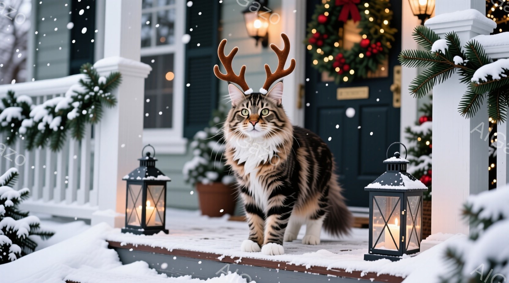 雪が降る家の玄関に、角のある縞模様の猫が立っている。猫は正面を見ており、自信に満ちた表情をしている。背景にはクリスマスリース、点灯したランタン、そして雪景色が広がり、暖かい冬の雰囲気を醸し出している。 - AI生成フリー素材