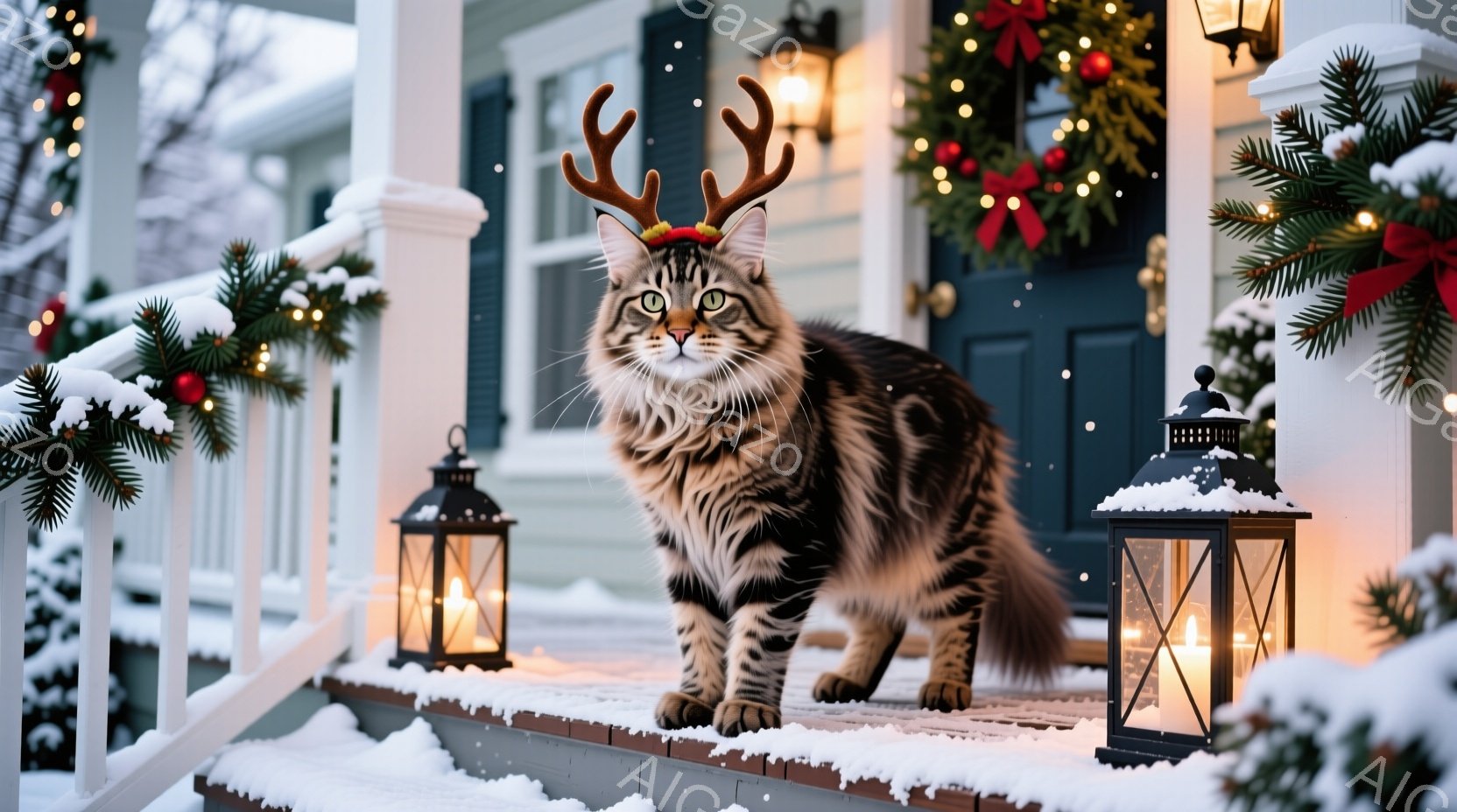 縞模様の大きな猫が、クリスマスの角飾りをつけて雪の積もった家の階段に立っています。背景には、クリスマスリースや灯りがともったランタンがあり、雪が舞っている様子が描かれています。温かく穏やかなクリスマス - AI生成フリー素材