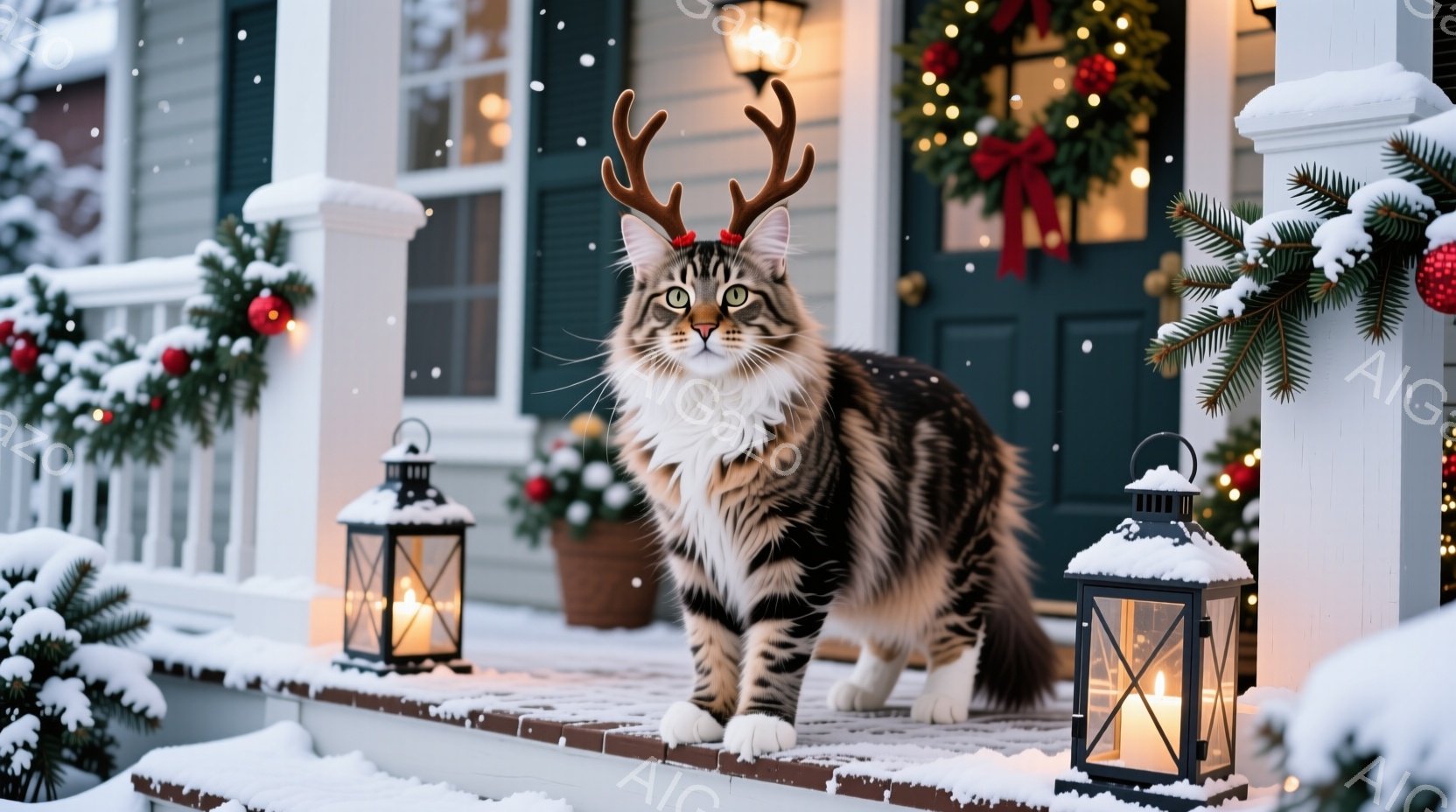 縞模様の大きな猫が、クリスマスの飾り付けがされた家のポーチに立っています。頭には角の飾りをつけており、少し困ったような表情をしています。背景には、クリスマスリースや点灯されたランタン、そして雪が積もっ - AI生成フリー素材