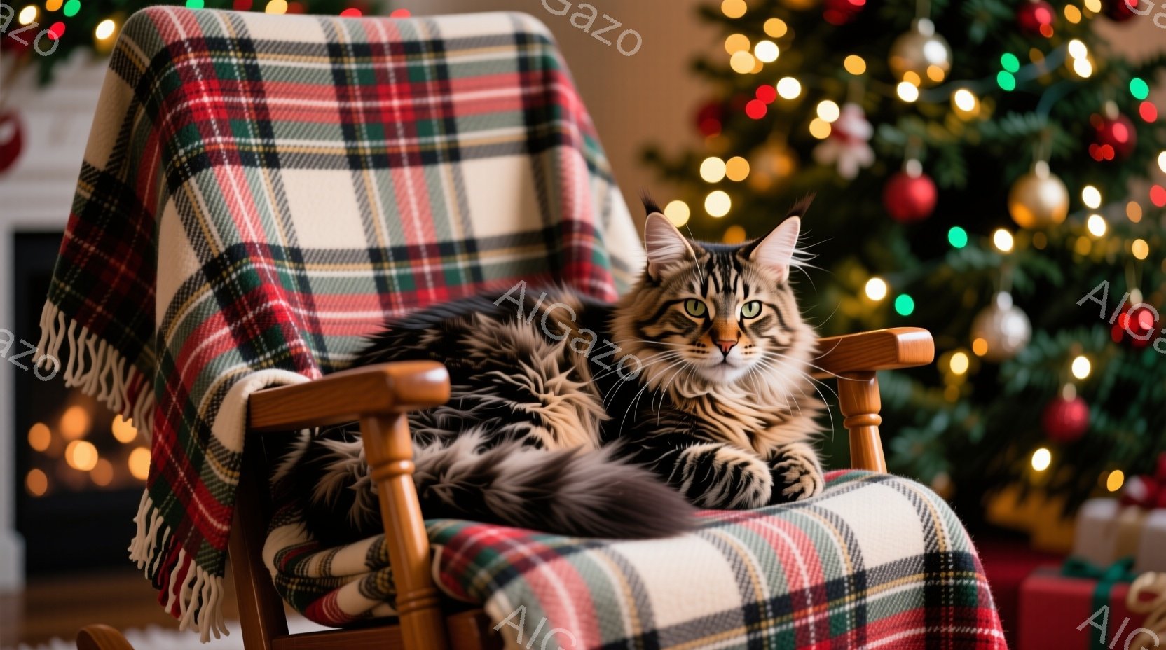 縞模様の大きな猫がロッキングチェアにゆったりと座っており、リラックスした表情をしています。ロッキングチェアにはチェック柄のブランケットがかけられており、背景にはクリスマスツリーのぼんやりとした光とプレ - AI生成フリー素材
