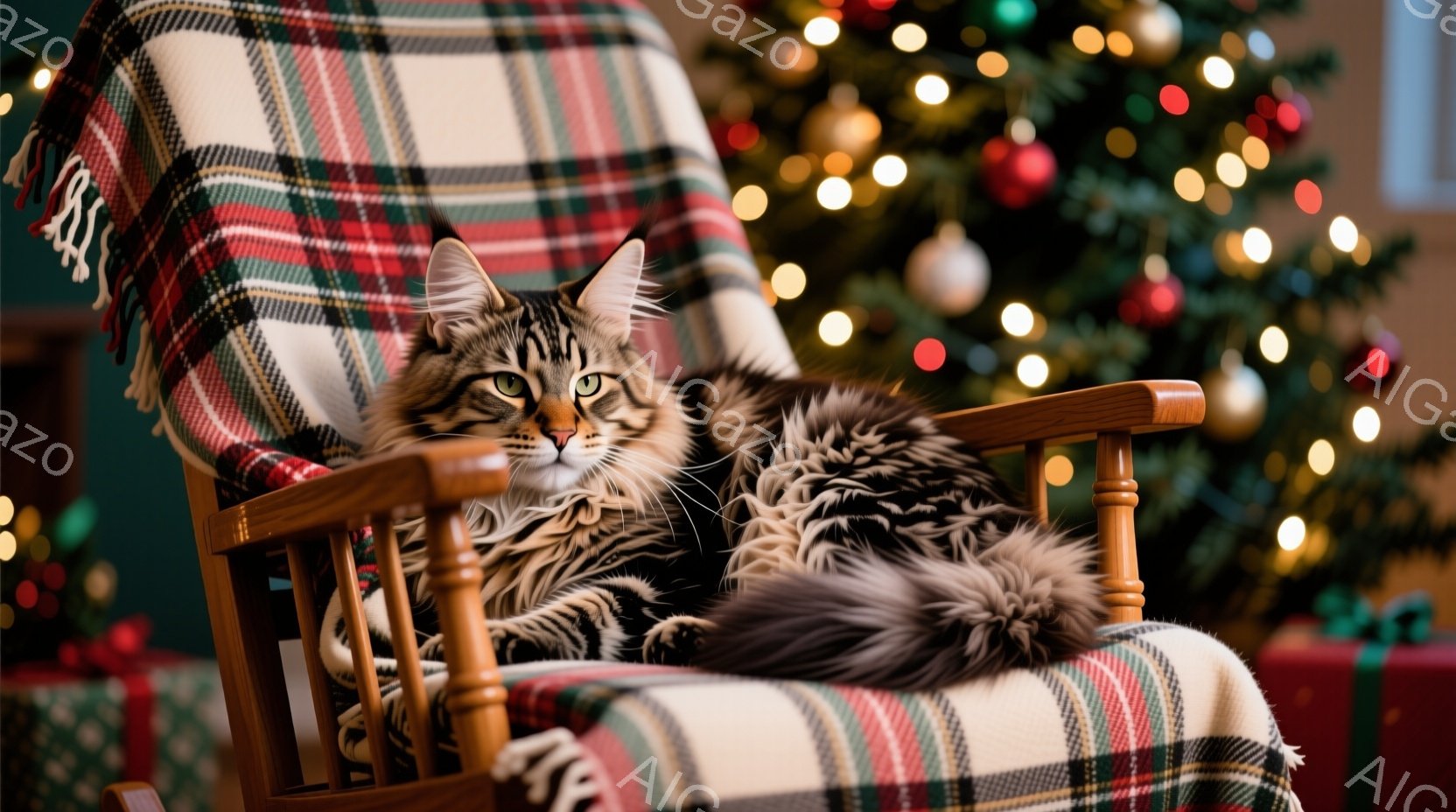縞模様の猫が揺り椅子にゆったりと横たわっており、リラックスした表情でカメラを見つめています。椅子の背もたれには、赤と白のチェック柄のブランケットがかけられており、背景にはクリスマスツリーのぼんやりとし - AI生成フリー素材