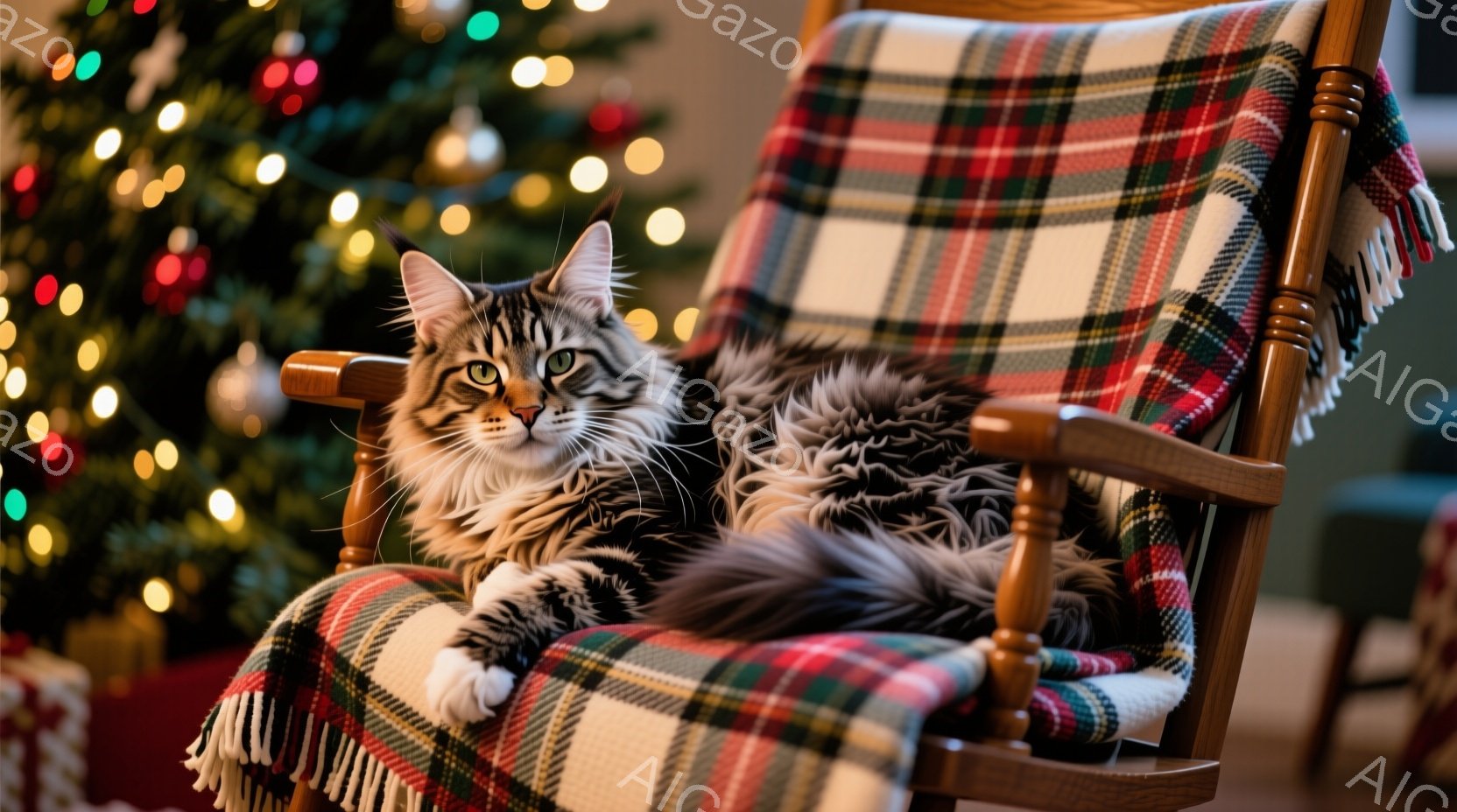 長毛の猫が、クリスマスツリーを背景に、木製のロッキングチェアにゆったりとくつろいでいます。猫は灰色の縞模様で、白い足と胸元を持ち、リラックスした表情で目を細めています。ロッキングチェアには赤と緑のチェ - AI生成フリー素材