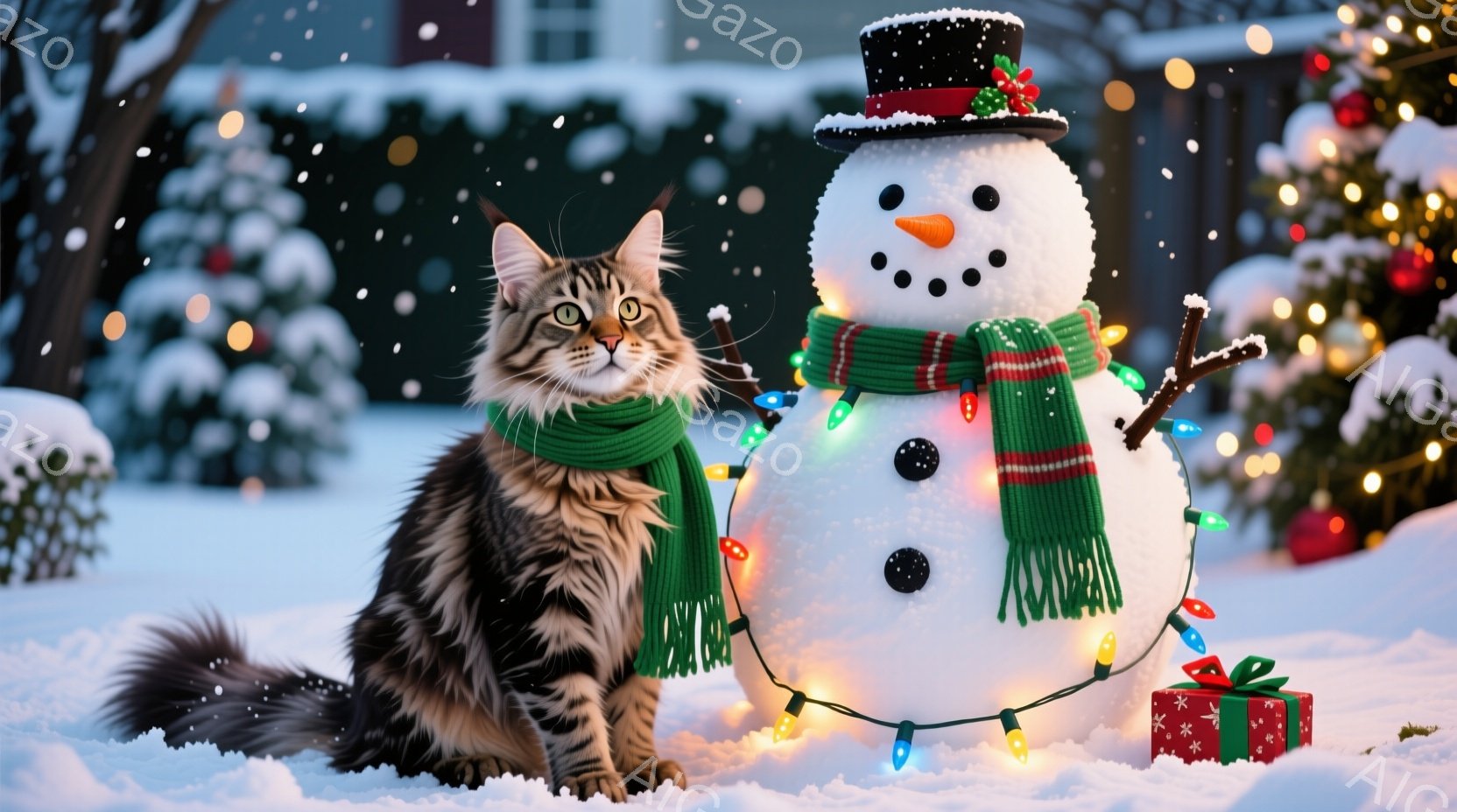 白い雪景色の中に、緑のスカーフを巻いた縞模様の猫が座っています。猫は前方をまっすぐ見つめ、少し警戒した表情をしています。背景には、クリスマスツリーやプレゼント、そして雪に覆われた家々があり、イルミネー - AI生成フリー素材