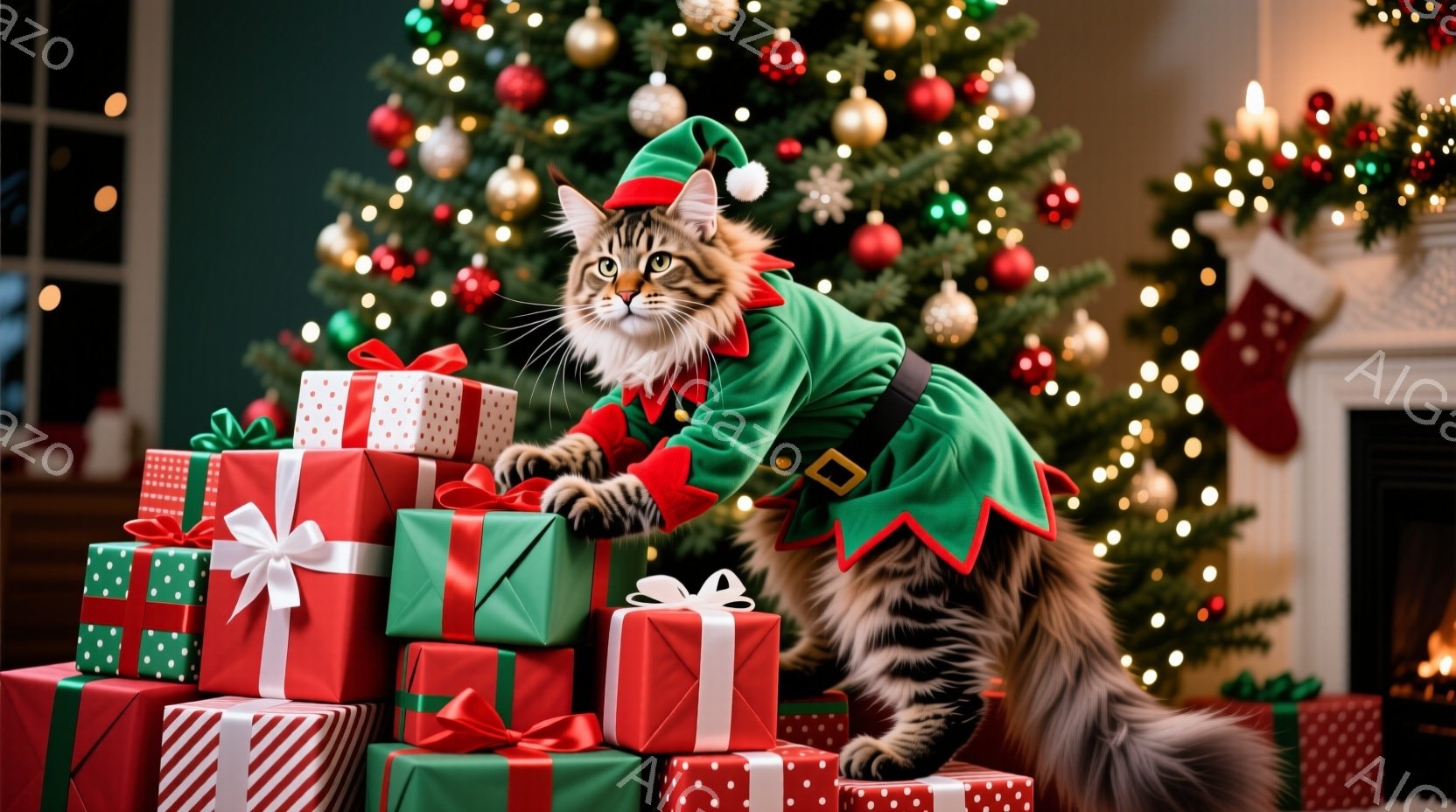 長毛の猫がクリスマスのプレゼントの山の上に座っており、緑色のエルフの衣装を着ています。猫は少し驚いた表情でこちらを見ており、プレゼントは赤、緑、白のストライプや水玉模様で飾られています。背景には、クリ - AI生成フリー素材