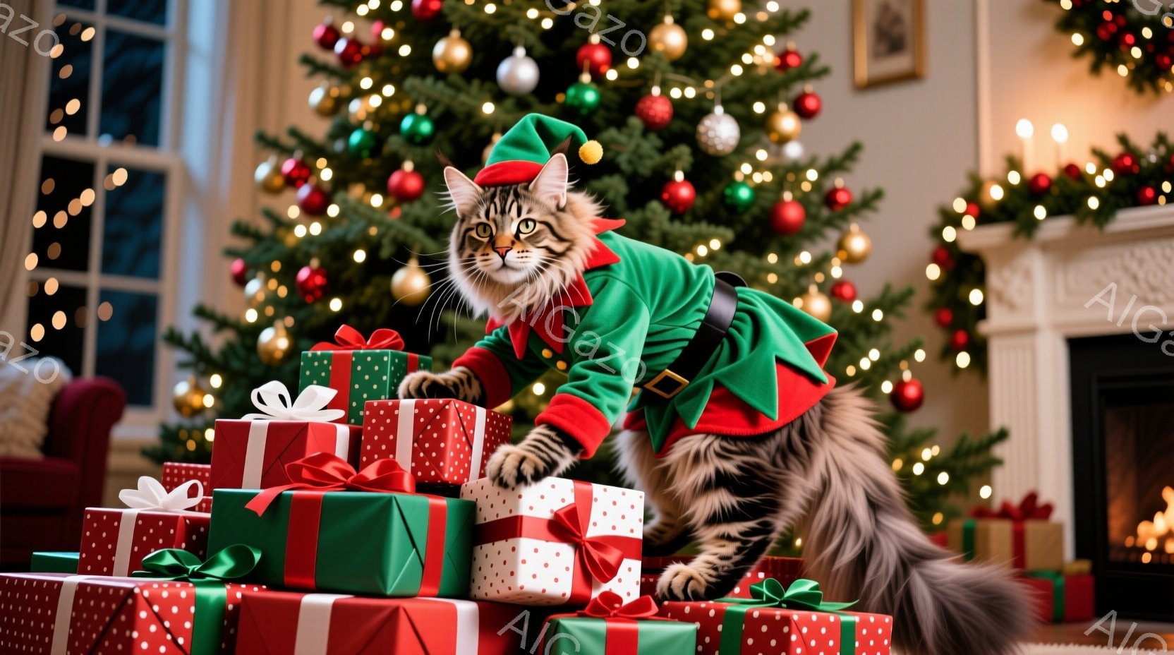 長い毛並みの猫が、緑色のエルフの衣装を着てプレゼントの山に登っています。猫は少し驚いたような表情で前を見つめており、プレゼントには赤と白の大きなリボンが付いています。背景にはクリスマスツリーが飾られ、 - AI生成フリー素材