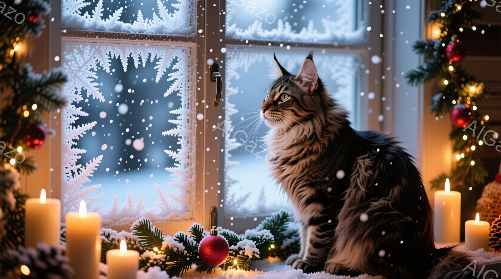 長毛の灰色がかった猫が、雪の降る窓の外を見つめています。窓辺には、クリスマスツリーの枝や赤いオーナメント、そして点灯されたキャンドルが置かれ、温かく幻想的な雰囲気を醸し出しています。背景にはぼんやりと - AI生成フリー素材