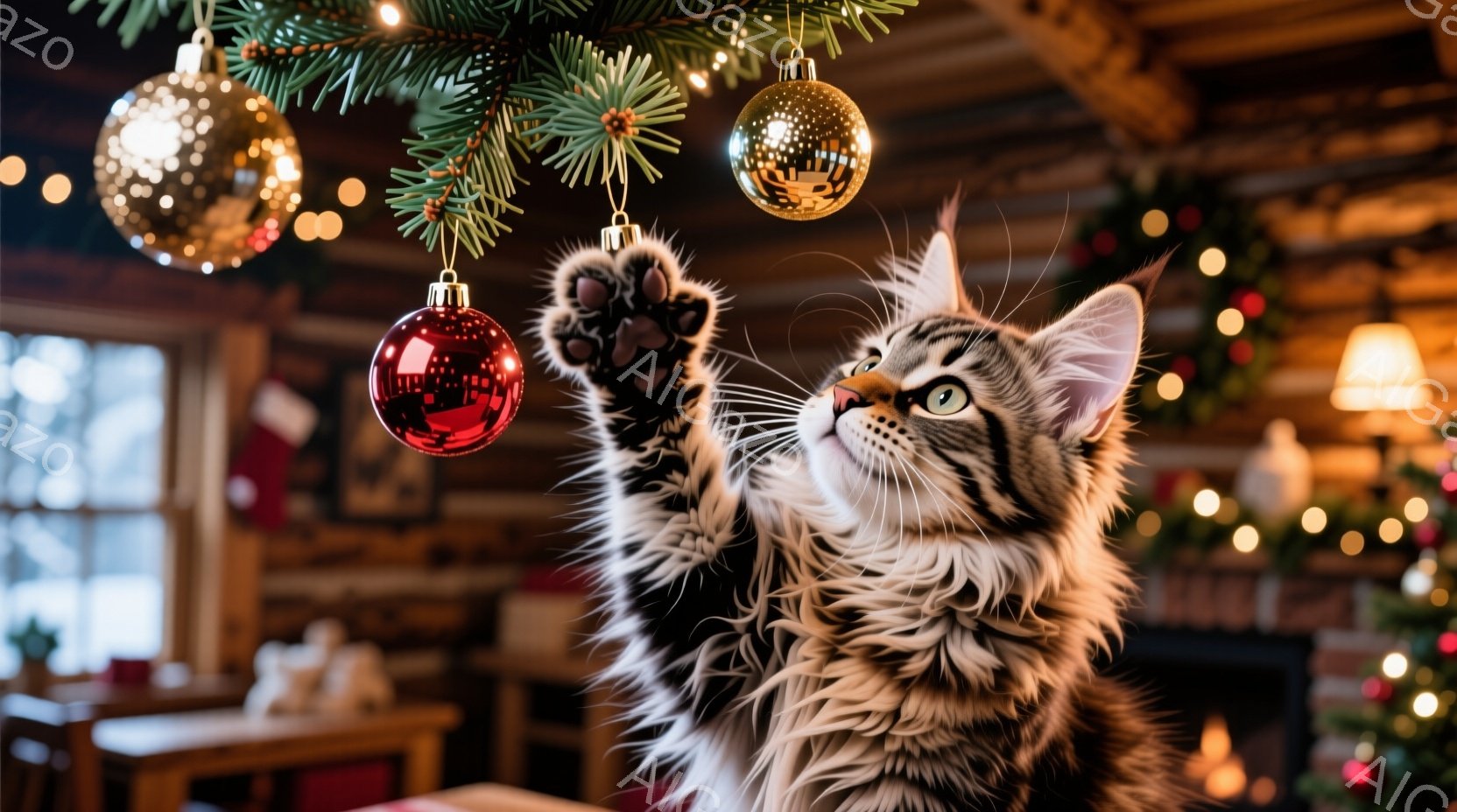 長毛の縞模様の猫がクリスマスツリーの飾りを前足で触ろうとしています。背景には、ぼやけたクリスマスツリーの装飾と暖炉が見え、室内は温かく、お祝いの雰囲気に包まれています。猫は上を見つめ、好奇心と遊び心に満ちた表情をしています。