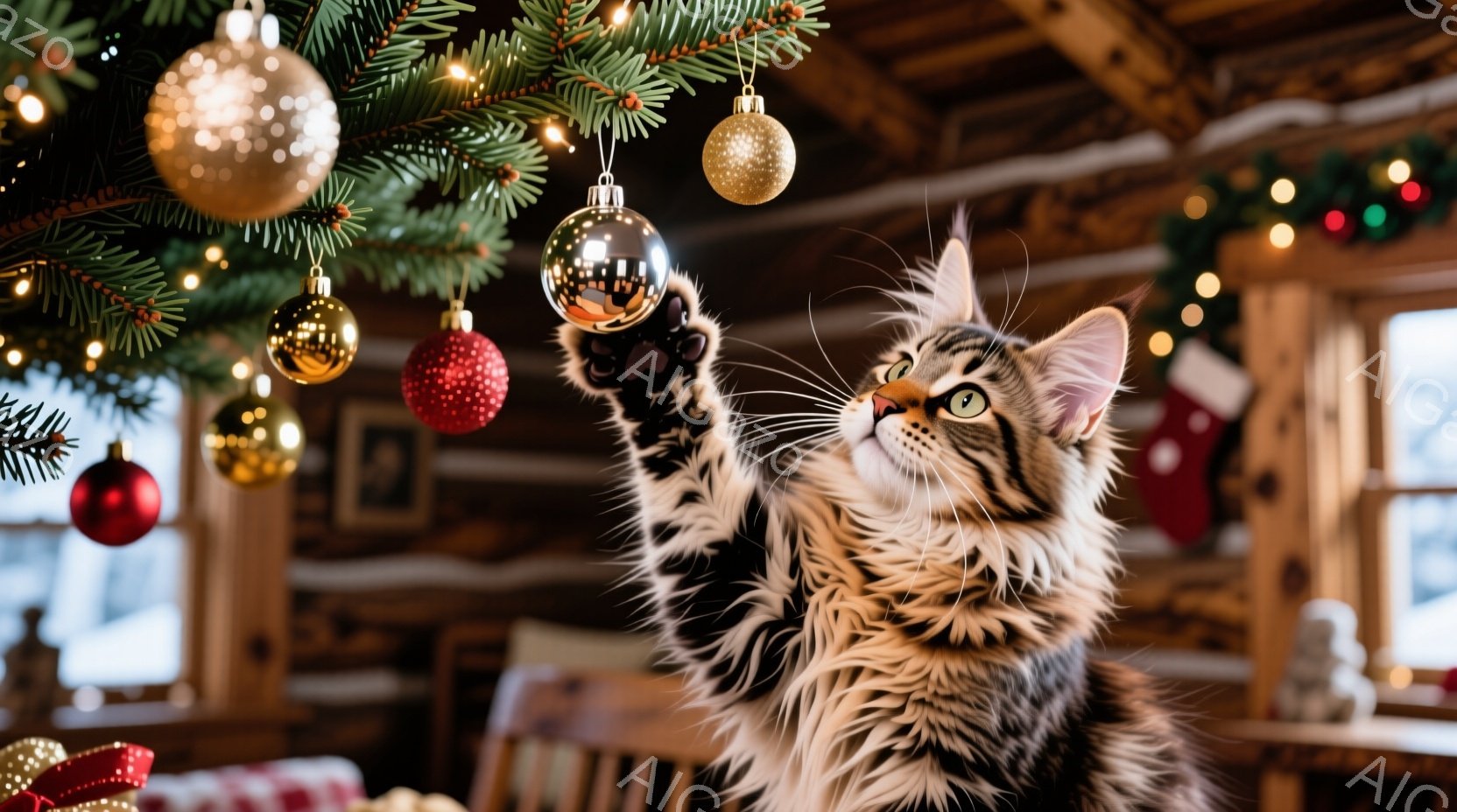 縞模様の大きな猫がクリスマスツリーのオーナメントに手を伸ばしている姿が写っている。猫は上を見上げており、興味津々な表情で、毛並みがふさふさとしている。背景には、クリスマスの飾り付けが施された部屋の一部 - AI生成フリー素材