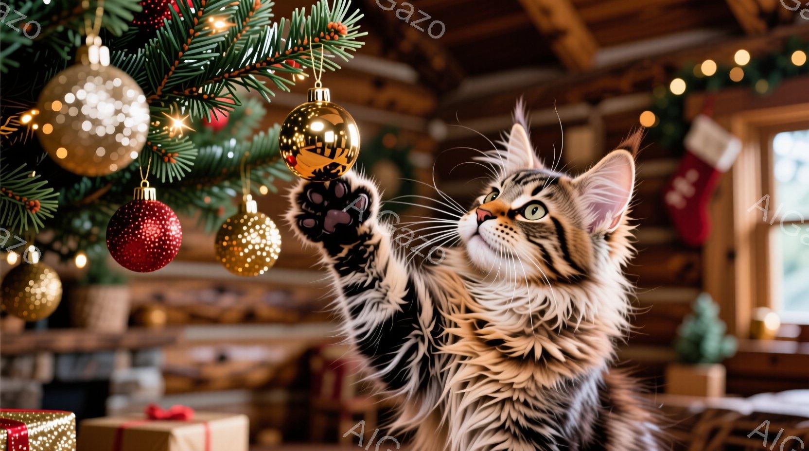 長毛の猫がクリスマスツリーのオーナメントに手を伸ばしている様子が写っています。背景にはプレゼントや暖炉が見え、室内は温かく、クリスマスの雰囲気に包まれています。猫は好奇心旺盛な表情で、オーナメントに興味津々です。