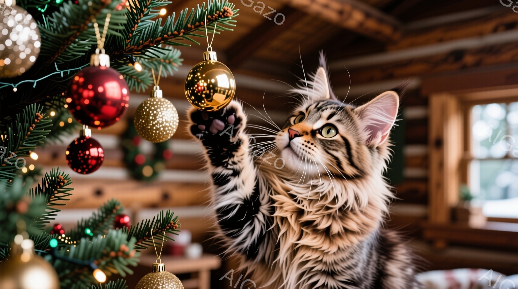 灰色の縞模様のメインクーンの子猫が、クリスマスツリーに飾られた金色のオーナメントに手を伸ばしています。子猫は少し上を見上げており、好奇心と遊び心に満ちた表情をしています。背景には、木製の壁と暖炉が見え - AI生成フリー素材