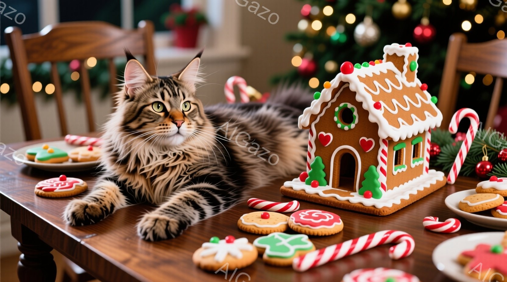 茶色の縞模様の長い毛並みの猫が、クリスマスの飾り付けられたテーブルの上でリラックスして横たわっています。テーブルの上には、ジンジャーブレッドハウス、クリスマスツリーの形をしたクッキー、キャンディケーン - AI生成フリー素材