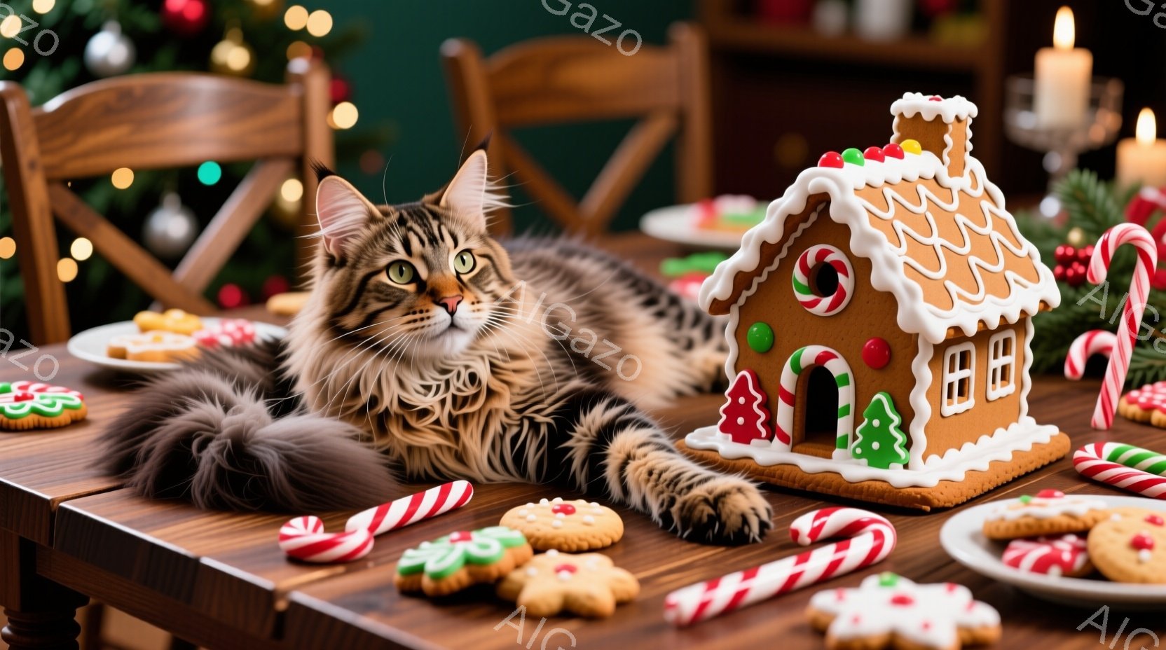 長毛の灰色の猫が木製のテーブルに横たわり、クリスマスのジンジャーブレッドハウスとクッキーに囲まれています。猫はリラックスした様子で、テーブルの端に前足を伸ばしています。背景にはぼやけたクリスマスツリー - AI生成フリー素材