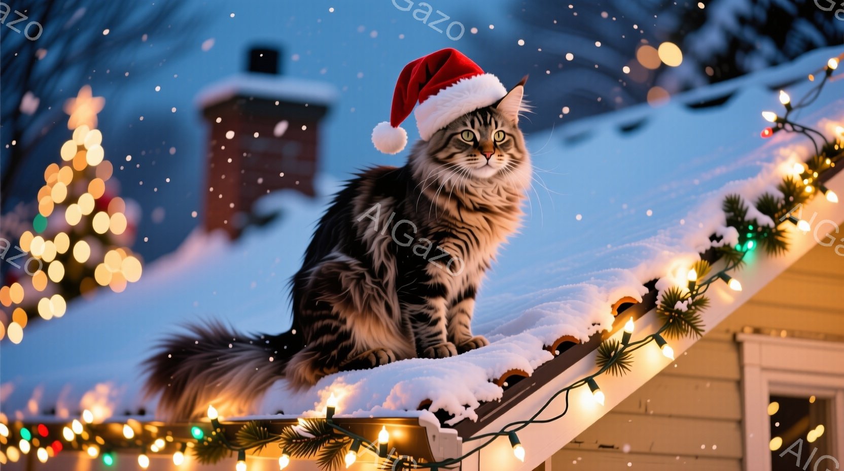 縞模様の大きな猫が雪の積もった屋根の上に座っており、頭にはサンタ帽をかぶっています。背景にはぼやけたクリスマスツリーと点灯したカラフルなイルミネーションが広がり、雪が舞う冬の夜の温かく幻想的な雰囲気を - AI生成フリー素材