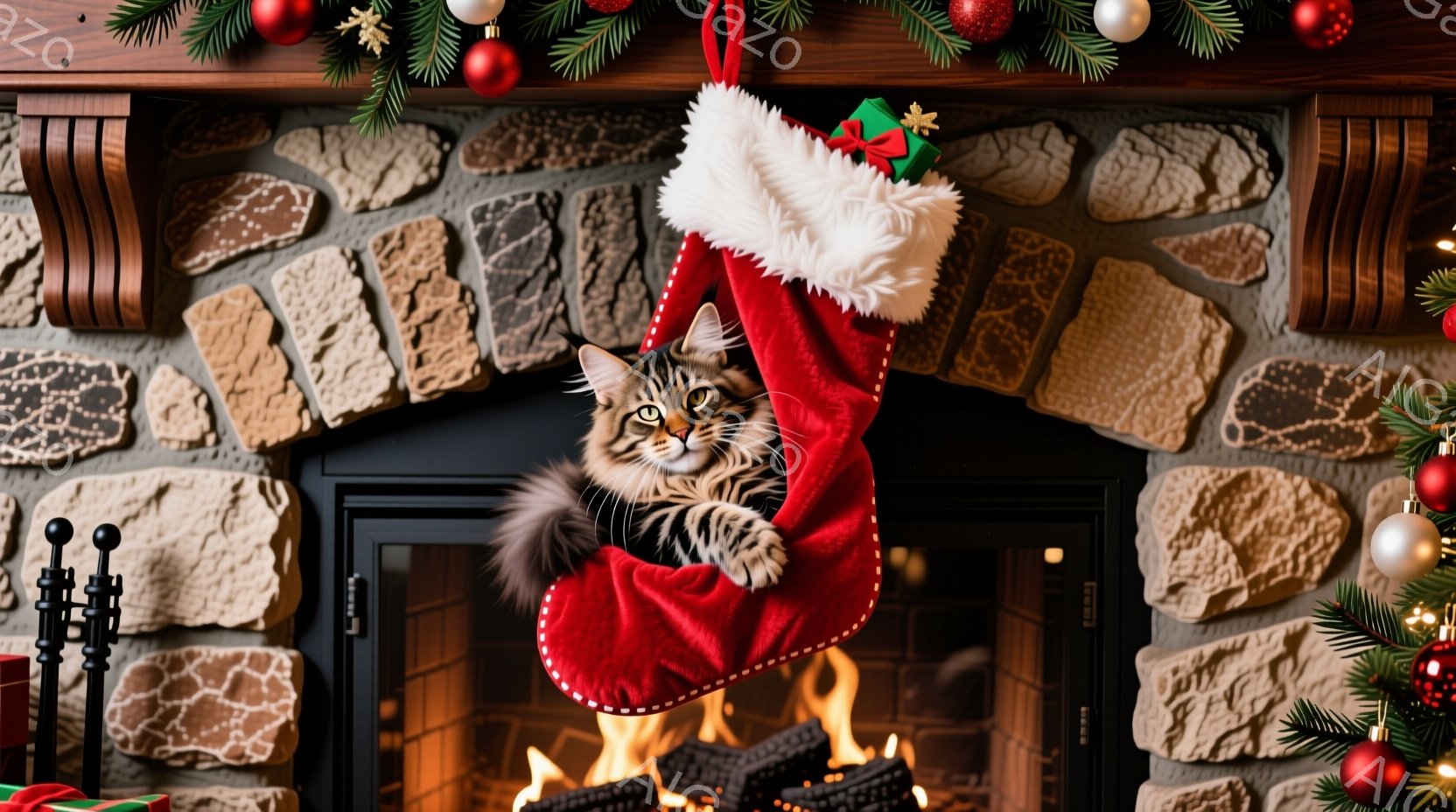 赤いクリスマスストッキングの中に、縞模様の猫が顔を出しています。猫は少しだけ顔を出し、好奇心旺盛な表情でこちらを見ています。背景には暖炉の炎が燃え盛り、クリスマスツリーの飾り付けが見え、温かく、お祝い - AI生成フリー素材