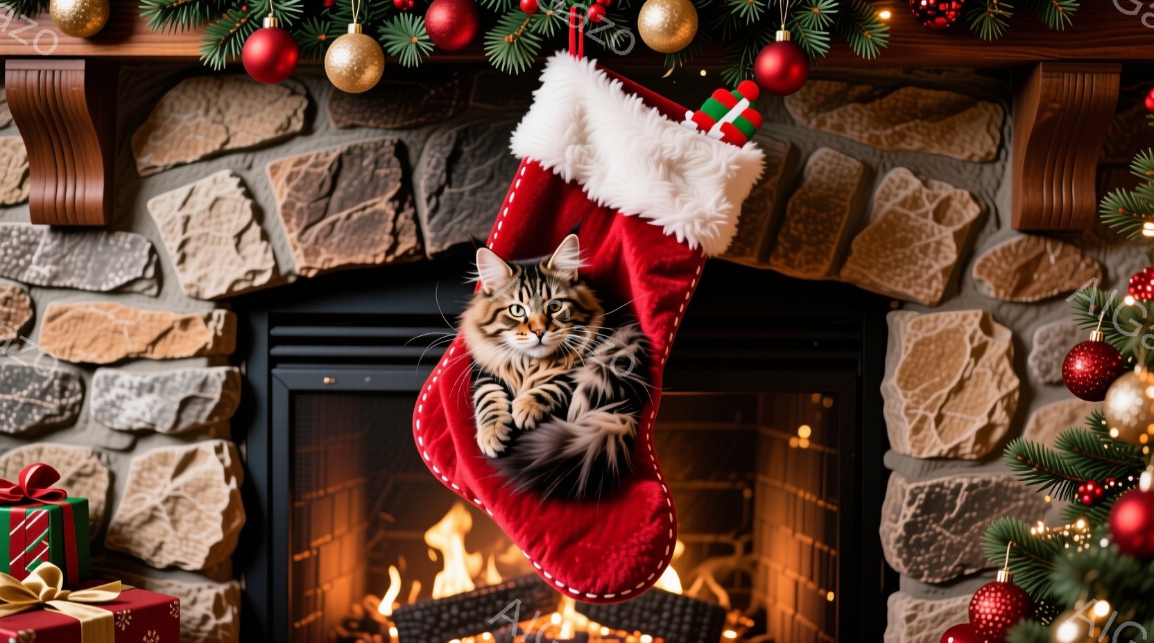 赤いクリスマスストッキングの中に、縞模様の小さな子猫が顔を出しています。子猫は好奇心旺盛な表情で、少しだけストッキングから上体を乗り出しており、背景には暖炉の炎とクリスマスツリーの飾りが見えます。全体 - AI生成フリー素材