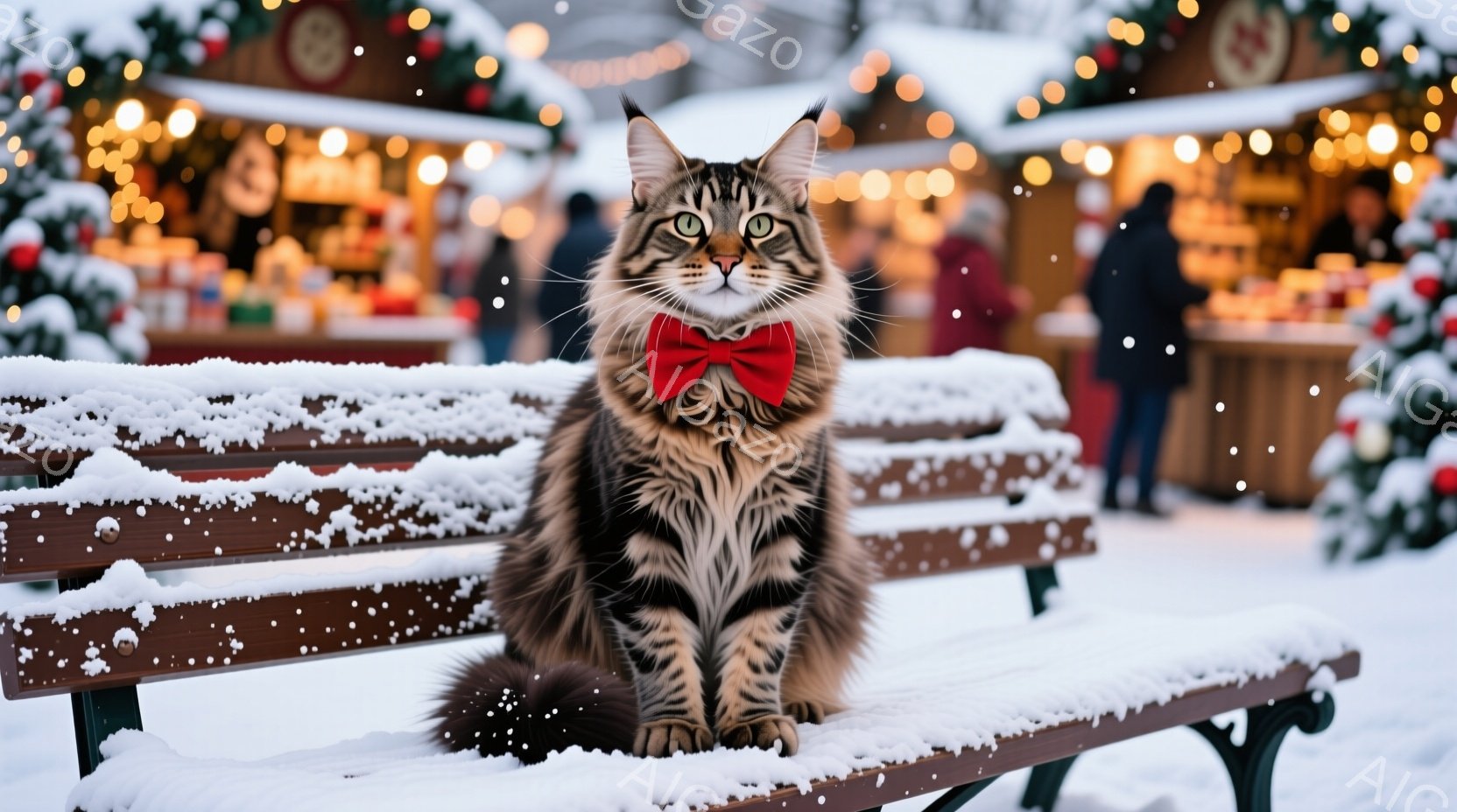 ふわふわの茶トラ猫が雪で覆われたベンチに座っており、赤い蝶ネクタイを付けている。背景には、キラキラと輝くイルミネーションと、ぼんやりと見える人々や屋台が並ぶクリスマスマーケットの風景が広がり、雪が舞っている。暖かく、お祝いムード溢れる冬の情景が印象的だ。