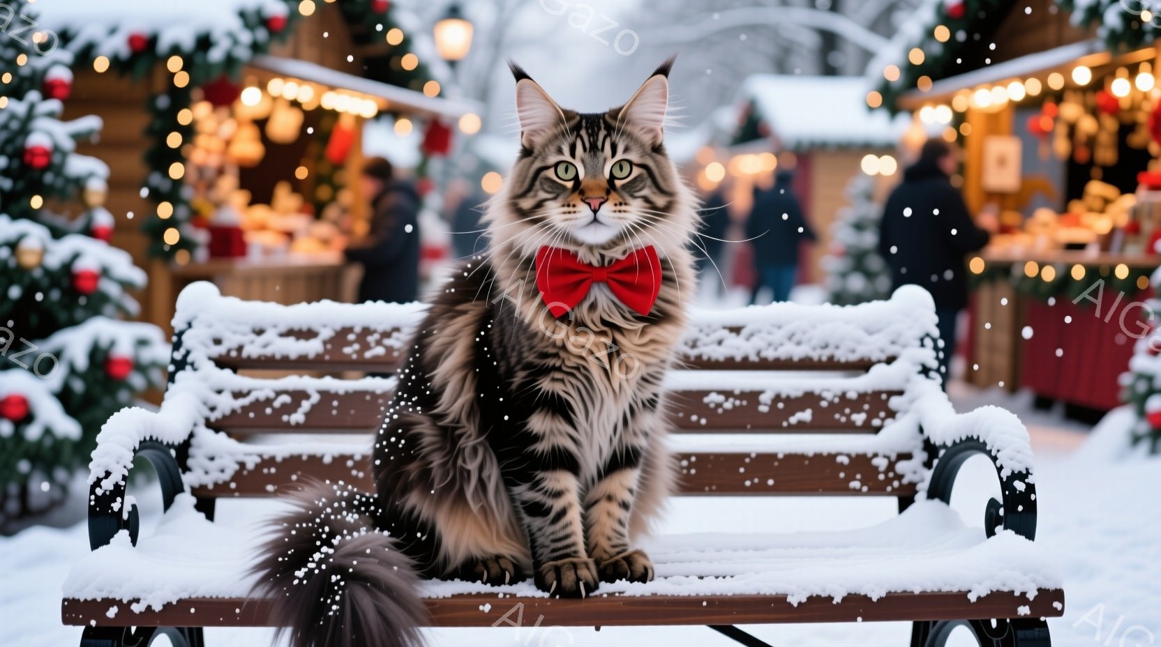 長毛の猫が雪で覆われたベンチに座っており、赤い蝶ネクタイを付けています。背景には、キラキラと光るクリスマスマーケットの屋台が並び、雪が舞い散る冬の夜の雰囲気です。暖色系の照明と雪景色が、猫の毛並みとコ - AI生成フリー素材