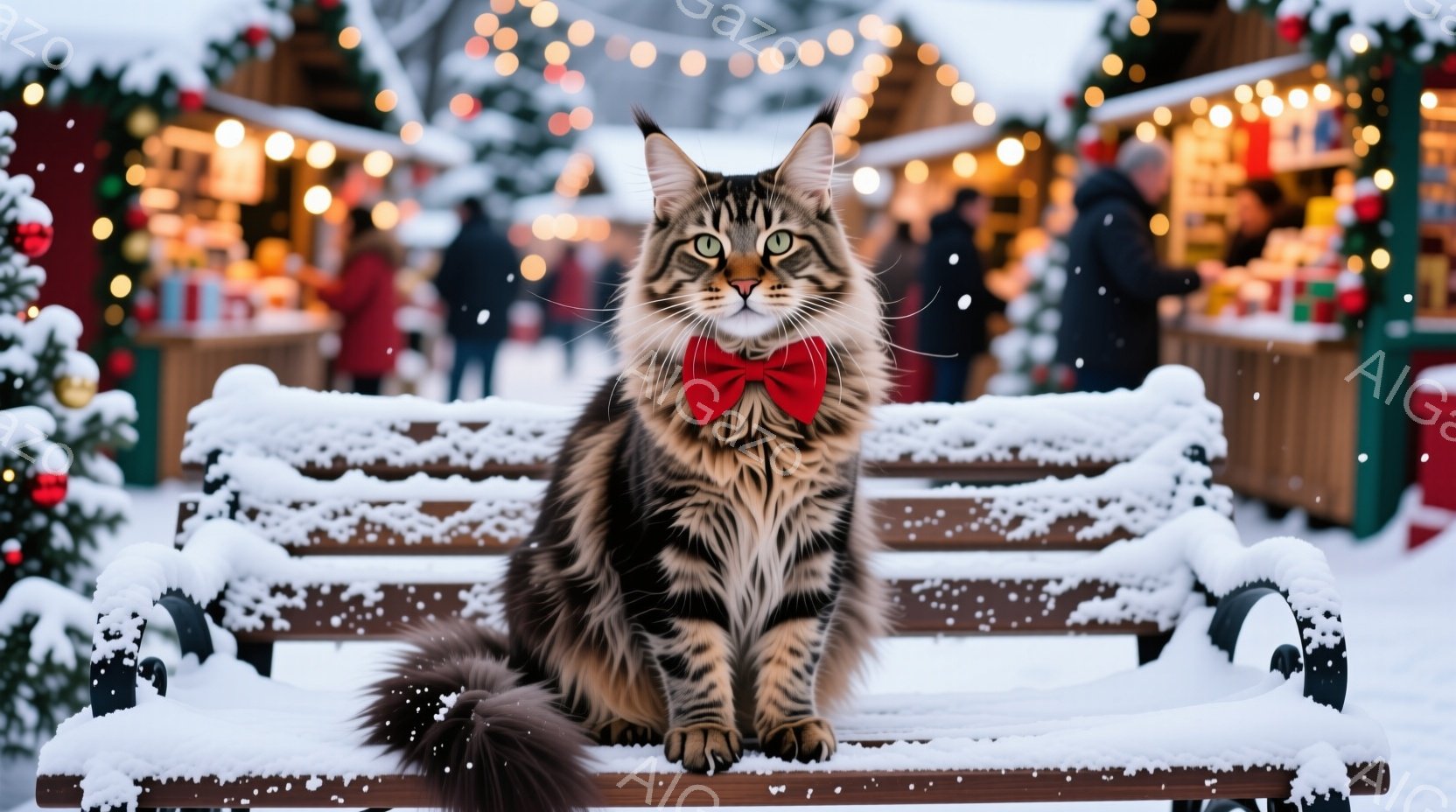 縞模様の大きな猫が雪で覆われたベンチに座っており、赤い蝶ネクタイをつけている。背景には、クリスマスマーケットのような賑やかな光景が広がり、雪が舞っている。全体的に、冬の暖かく、お祝いの雰囲気が漂う、可 - AI生成フリー素材
