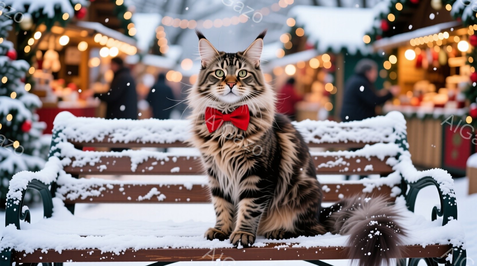 メインクーンの猫が雪の積もった公園のベンチに座っており、赤い蝶ネクタイを締めている。背景には、キラキラと輝くクリスマスツリーや、ぼんやりと見える人々の姿があり、雪が舞っている。全体的に暖かく、お祝いム - AI生成フリー素材