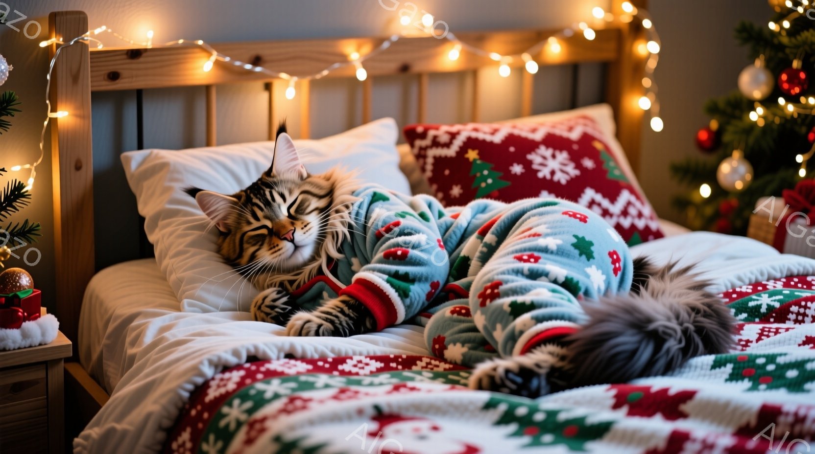 縞模様の猫が、クリスマス柄の毛布にくるまってベッドの上で眠っています。背景には、クリスマスツリーと点滅するライトがあり、暖かく、居心地の良い雰囲気を醸し出しています。ベッドのシーツと枕カバーもクリスマ - AI生成フリー素材