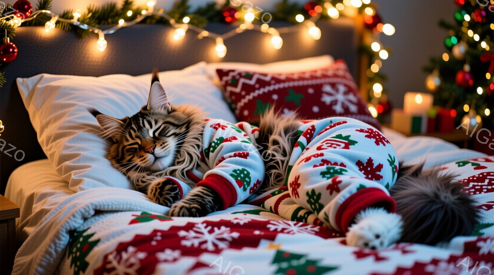 縞模様の猫が、クリスマス柄のパジャマを着てベッドの上で丸まって眠っています。ベッドは赤と白のクリスマス模様のシーツと枕で飾られ、背景にはぼやけたクリスマスツリーと電飾が見えます。暖かく心地よい、冬の休 - AI生成フリー素材