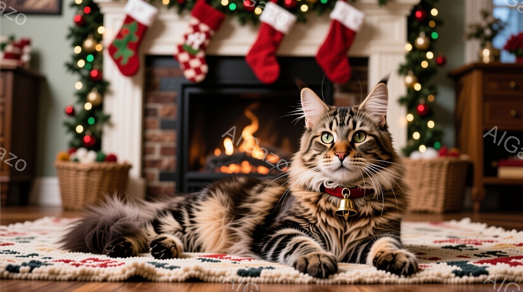 明るい部屋の中央に、縞模様の大きな猫がカーペットの上に横たわっています。猫は首輪をつけており、リラックスした表情で正面を見つめています。背景には、クリスマスツリーや暖炉、そしてクリスマスストッキングが - AI生成フリー素材