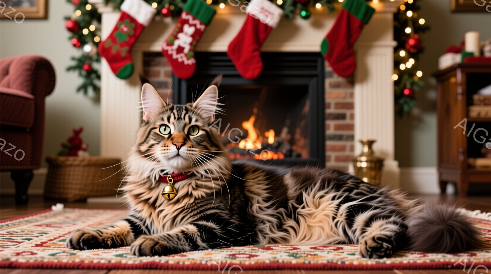 縞模様の大きな猫が、暖炉の前に敷かれたカーペットの上で横たわっています。猫は落ち着いた表情で、カメラの方を見ており、首輪には小さなベルが付いています。背景にはクリスマス装飾が施された暖炉、赤いクリスマ - AI生成フリー素材