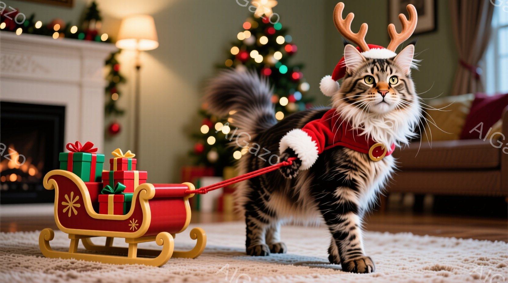 長毛の茶トラ猫が、サンタの帽子と角を身に着け、赤い紐で引かれた小さなそりを引いています。猫は前方をまっすぐ見つめ、少し自慢げな表情をしています。背景には、クリスマスツリーと暖炉が見え、部屋全体が温かく、お祝いムードに包まれています。