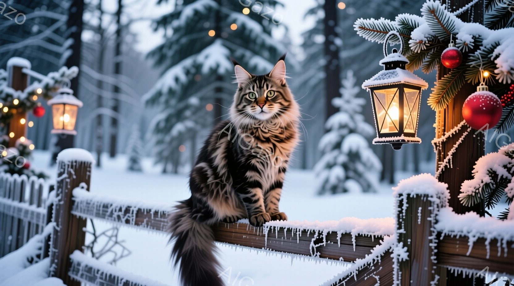 長毛の縞模様の猫が雪に覆われた木の柵の上に座り、カメラの方をまっすぐに見つめています。背景には、点灯したランタンとクリスマスツリーの飾り付けがあり、雪が降り積もる冬の風景が広がっています。全体的に、暖 - AI生成フリー素材