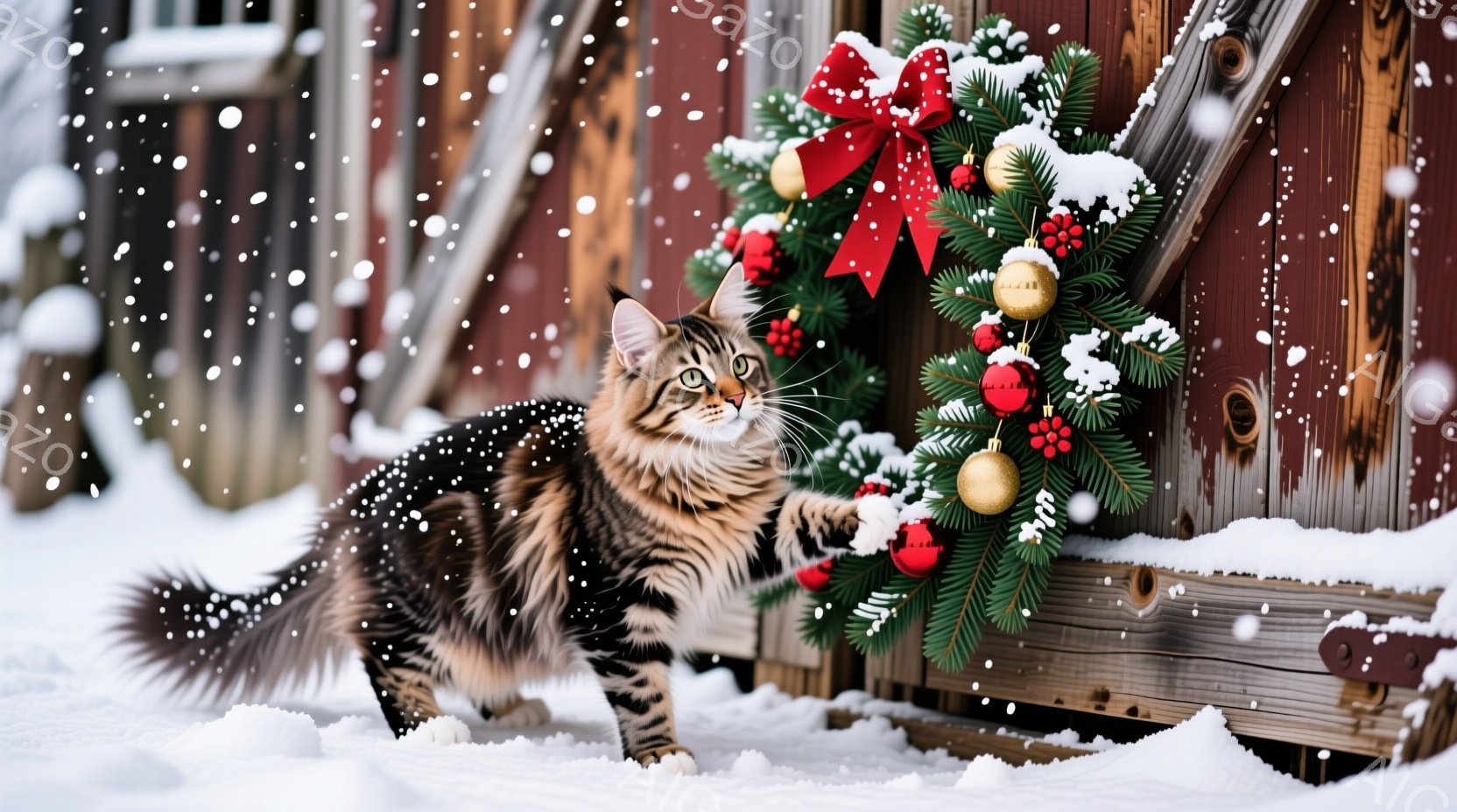 長毛の縞模様の猫が雪の上に立っており、その視線は何かを捉えようとしています。背景には、赤いリボンと金色のオーナメントで飾られたクリスマスリースが飾られた、赤茶色の木製の壁があります。雪が舞い降りており - AI生成フリー素材