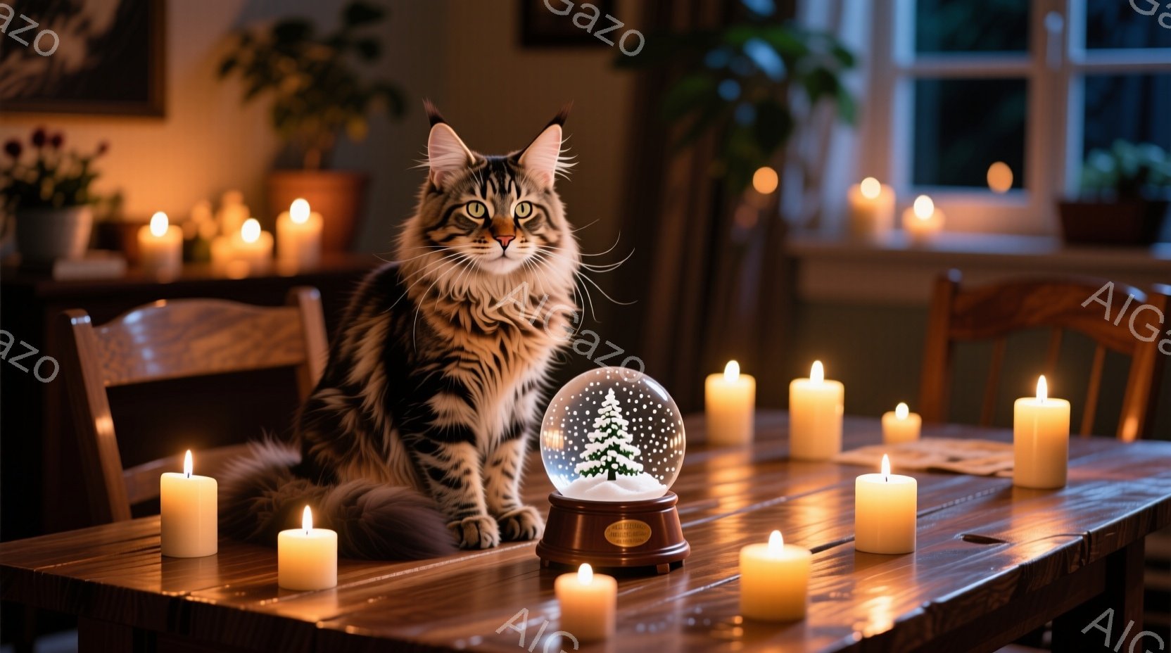 長毛の縞模様の猫が、雪の結晶とクリスマスの木が入ったスノーグローブの隣の木のテーブルの上に座っています。周囲には、暖かく柔らかな光を放つたくさんの点灯されたキャンドルが配置され、室内は落ち着いた雰囲気 - AI生成フリー素材