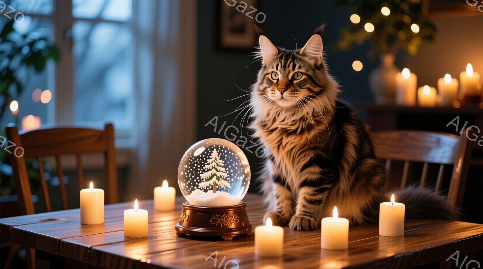 長毛の縞模様の猫が、クリスマスの雪の玉のオーナメントの隣に座っています。暖かくオレンジ色のキャンドルがテーブルの上に並べられ、背景はぼかされていますが、椅子や植物が見え、全体的に穏やかで暖かい雰囲気が漂っています。猫は鋭い目つきで何かを見つめ、冬の夜の静けさを表しているようです。